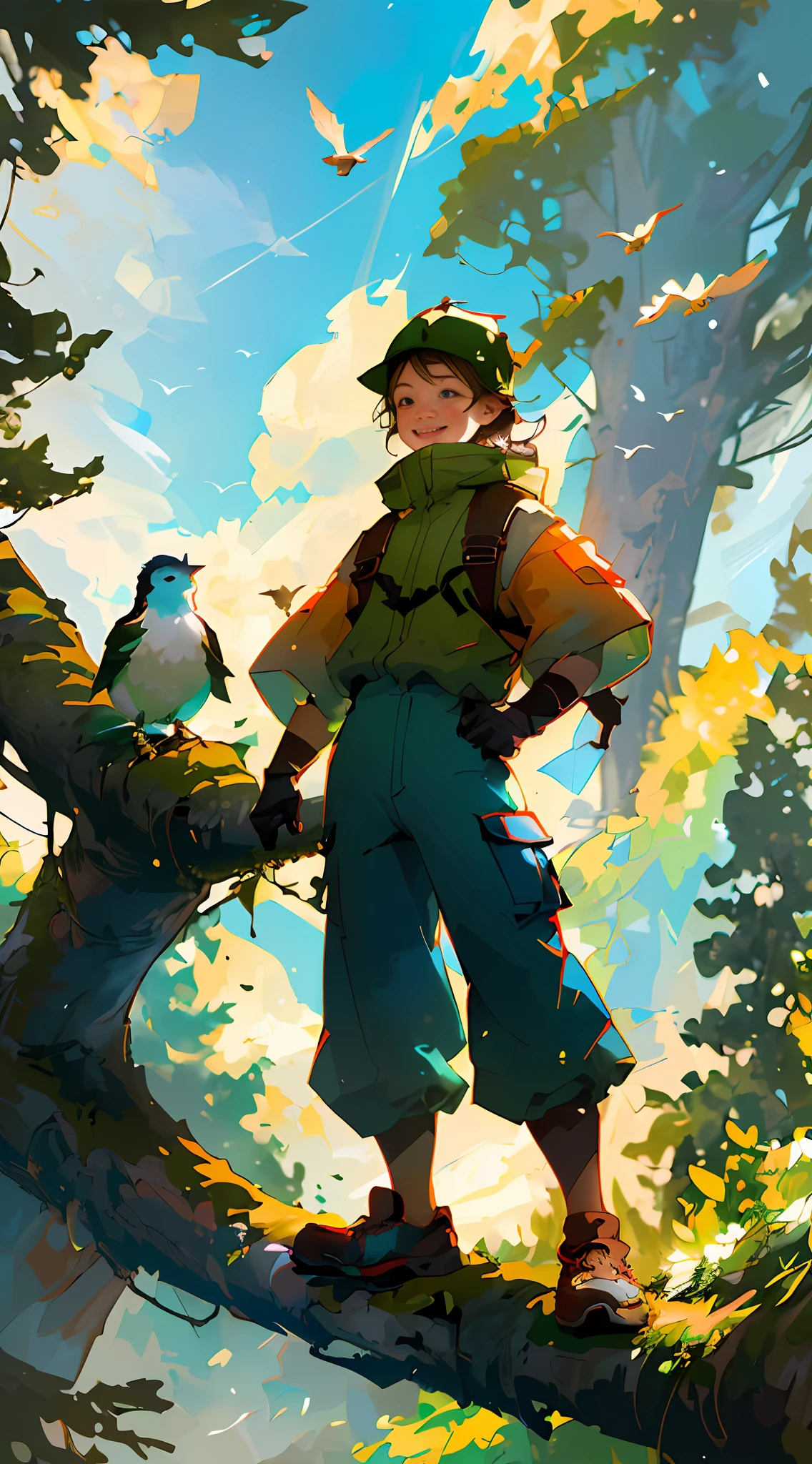 (High quality, 4K, HDR) 1 boy, adventurer, hat, trail clothes, brave adventurer, beautiful colors in the sky, birds in the background, animal, harmonious forest on a large scale, pants. (masterpiece, ultra realistic professional lighting, ultra thin 8K, fine texture of detailed background, sharp face with perfect strokes, smiling face, happy.