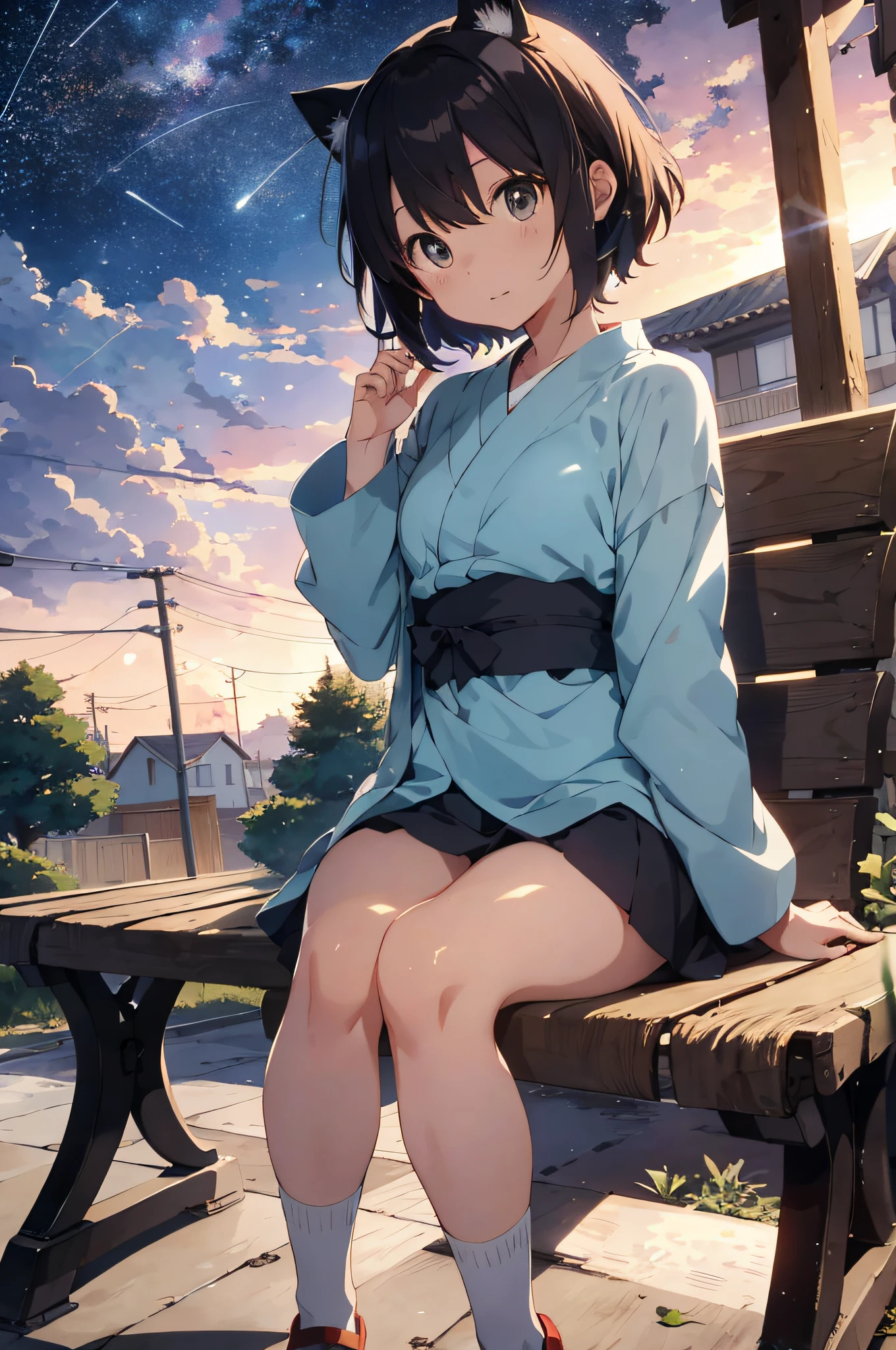 Anime cat-eared girl sitting on bench looking at stars, 4K anime wallpaper, Makoto Shinkai art style, anime style 4K, anime art wallpaper 8K, anime wallpaper 4K, anime wallpaper 4K, 4K manga wallpaper, anime art wallpaper 4K, watching sunset. Anime, animation art wallpaper 4K, beautiful anime cat-eared girl,cute yukata,wakame,wakame,wakame,