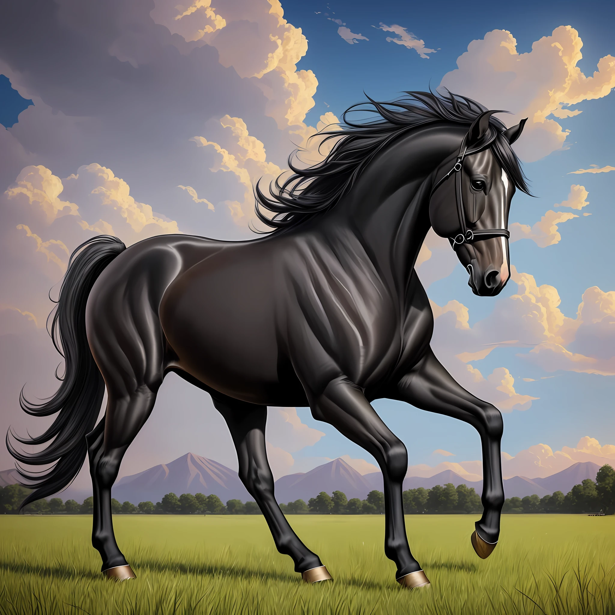A horse, black, slender, standing at full height, long hair detailed black, beautiful stunning realistic, gorgeous digital painting, anatomically correct horse, elegant digital painting, digital horse, ultrarealistic illustration, realistic illustration, incredibly realistic, flowing mane and tail, high quality, sky, clouds, photo, lots of air, perspective, profile, correct anatomy, hooves standing on grass, 4 legs, 4 four legs, correct anatomy. --auto --s2