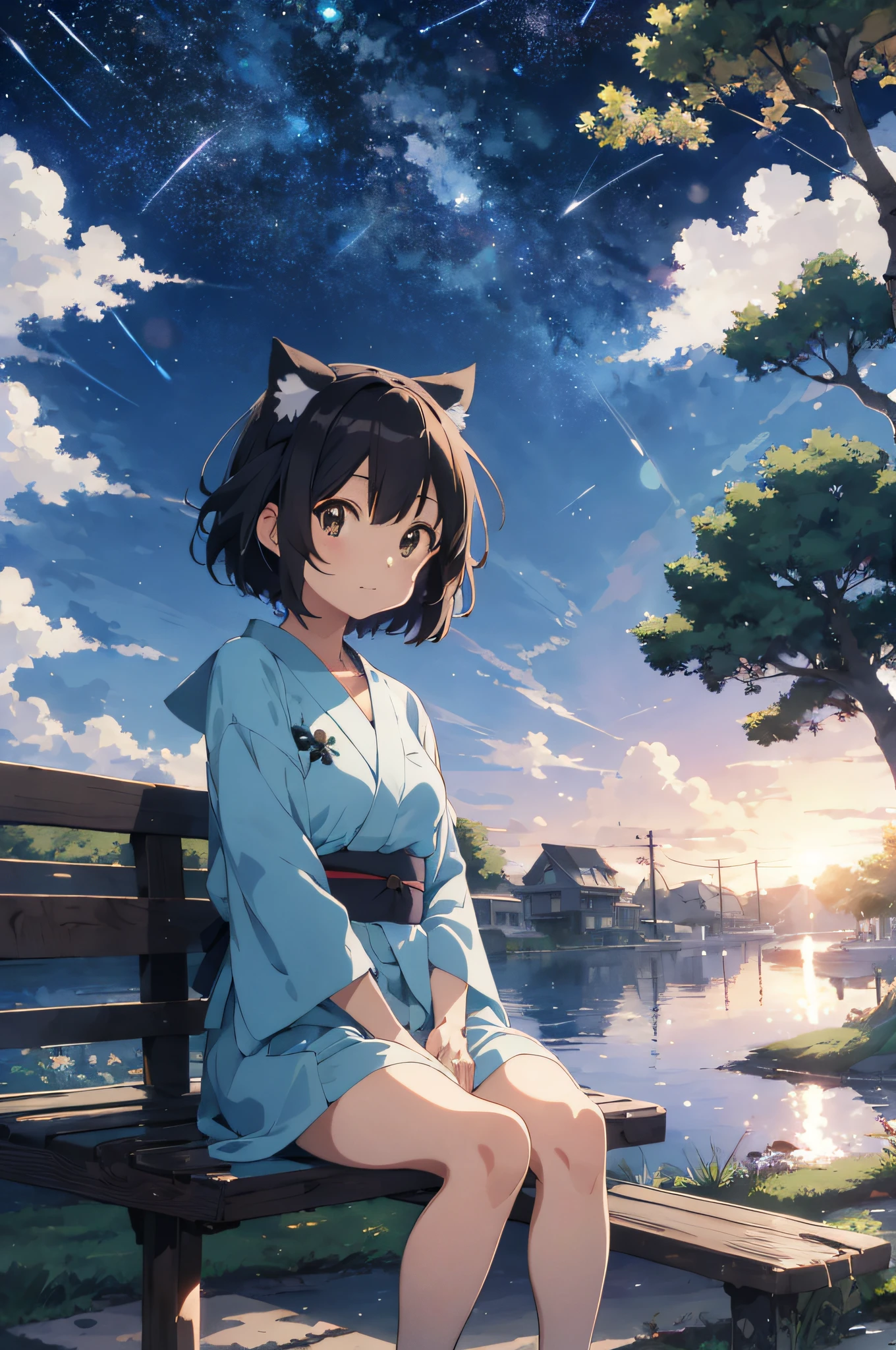 Anime cat-eared girl sitting on bench looking at stars, 4K anime wallpaper, Makoto Shinkai art style, anime style 4K, anime art wallpaper 8K, anime wallpaper 4K, anime wallpaper 4K, 4K manga wallpaper, anime art wallpaper 4K, watching sunset. Anime, animation art wallpaper 4K, beautiful anime cat-eared girl,cute yukata,wakame,wakame,wakame,