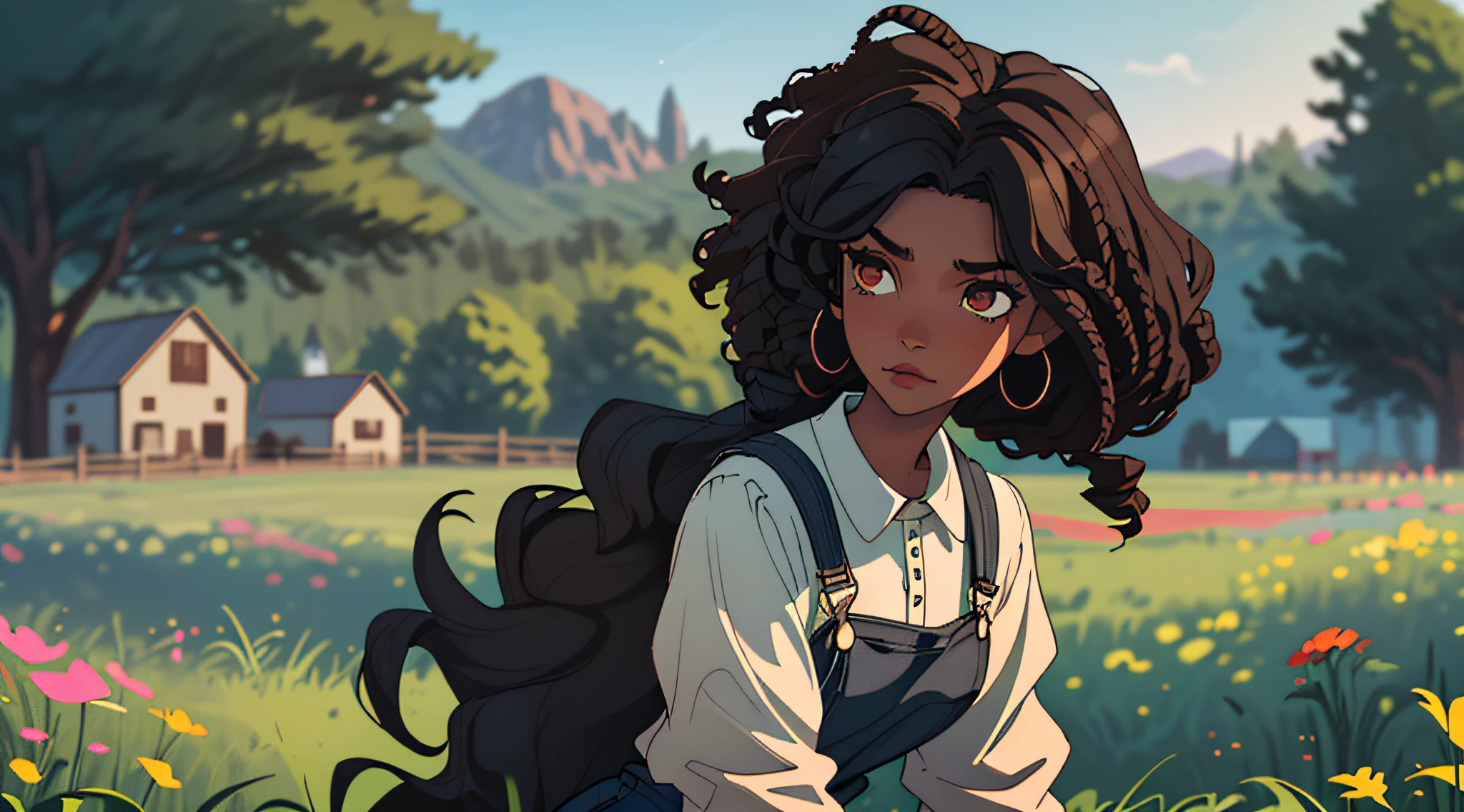 (best quality, masterpiece), 1girl, blurred background, upper body, contemporary, afro-gothic, long curly black hair, beautiful, brown skin, black, beautiful gothic, farm setting, stardew valley, wearing overalls.