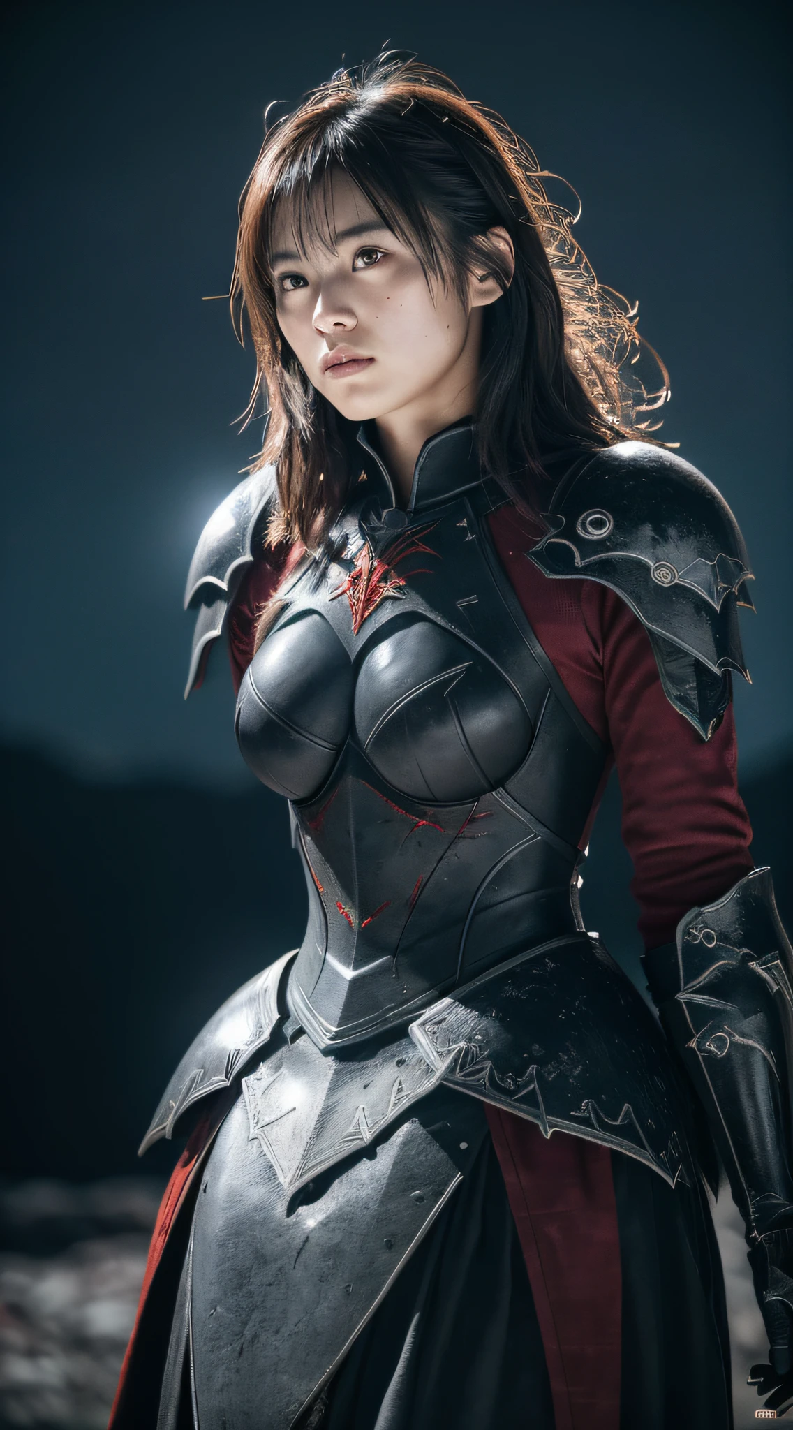 (best quality:1.5), (masterpiece:1.5), (highres:1.5), (RAW photo:1.5), realistic, photo-realistic, high detailed, film grain, detailed skin, natural lighting, symmetrical,8k,an extremely delicate and beautiful,illustration,
1girl, Random hairstyle, (medium_breasts:1.5),slim legs,delicate and pretty,perfect face,beautiful detailed eyes,fair skin,real human skin,pore,Japanese student,
(dark:1.4), deep shadow, darkness, (under the moonlight, blood moon:1.3), award winning photo, extremely detailed, amazing, fine detail, absurdres, highly detailed woman, extremely detailed eyes and face, piercing red eyes, by lee jeffries nikon d850 film stock photograph 4 kodak portra 400 camera f1.6 lens rich colors hyper realistic lifelike texture dramatic lighting unrealengine trending on artstation cinestill 800 tungsten, Style-Neeko, ((wearing black steel armor)), DARK_Glam, wearing DRK_Glam, Dark Knight, from below view, full armored body focus, intimidating look,