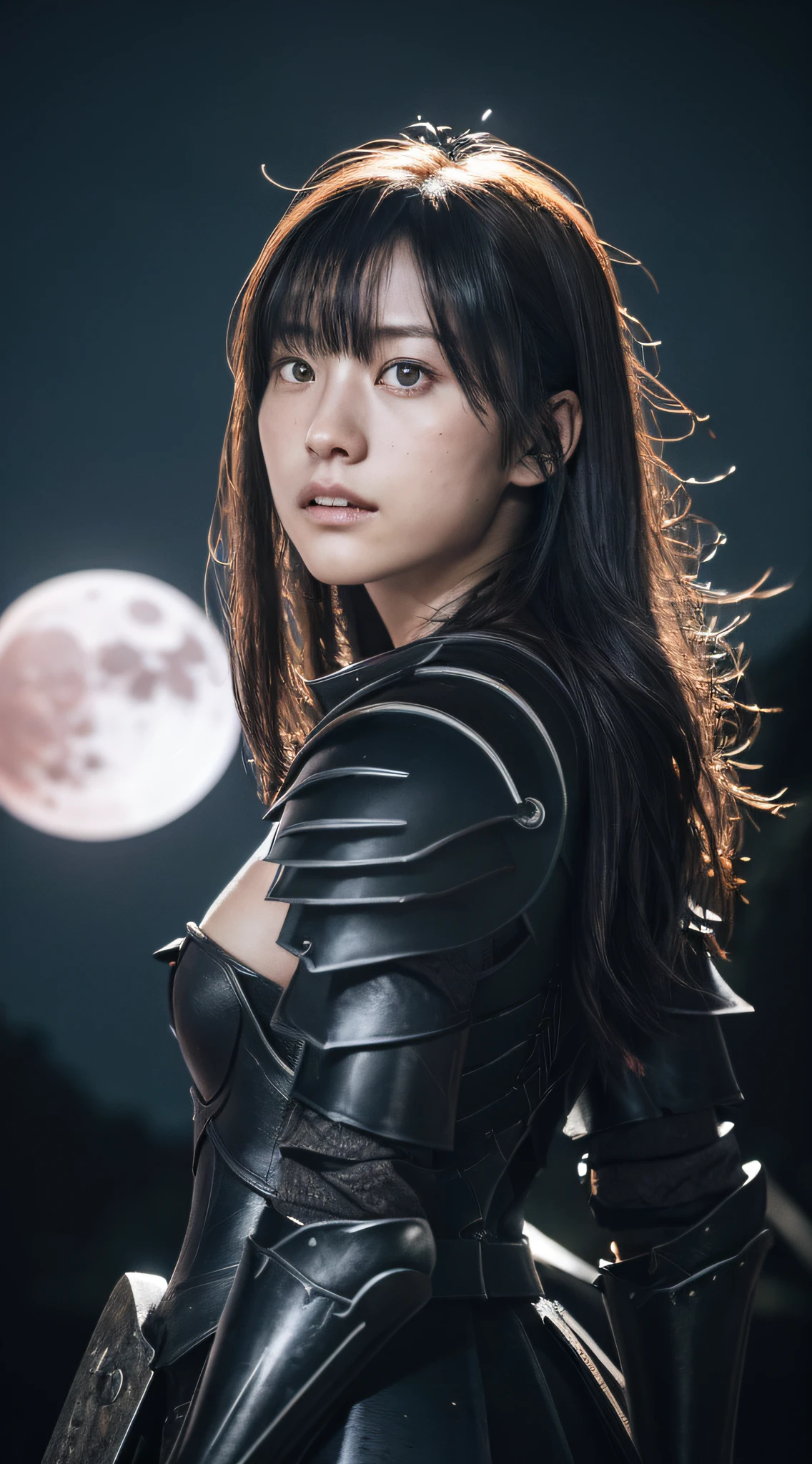 (best quality:1.5), (masterpiece:1.5), (highres:1.5), (RAW photo:1.5), realistic, photo-realistic, high detailed,  film grain, detailed skin, natural lighting, symmetrical,8k,an extremely delicate and beautiful,illustration,
1girl, Random hairstyle, (medium_breasts:1.5),slim legs,delicate and pretty,perfect face,beautiful detailed eyes,fair skin,real human skin,pore,Japanese student,
(dark:1.4), deep shadow, darkness, (under the moonlight, blood moon:1.3), award winning photo, extremely detailed, amazing, fine detail, absurdres, highly detailed woman, extremely detailed eyes and face, piercing red eyes, by lee jeffries nikon d850 film stock photograph 4 kodak portra 400 camera f1.6 lens rich colors hyper realistic lifelike texture dramatic lighting unrealengine trending on artstation cinestill 800 tungsten, Style-Neeko, ((wearing black steel armor)), DARK_Glam, wearing DRK_Glam, Dark Knight, from below view, full armored body focus, intimidating look,