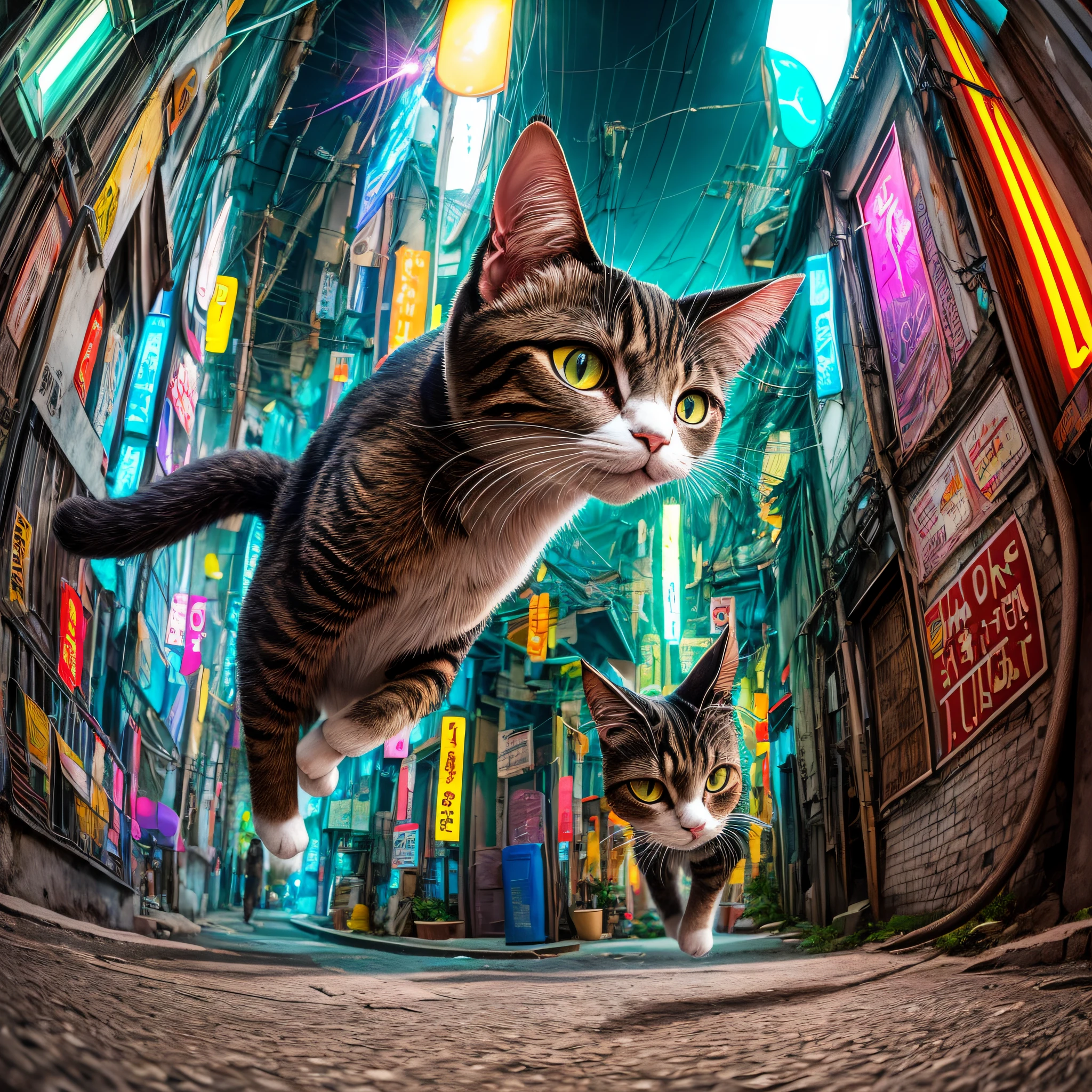 Deep within the bustling streets of Bangkok, a mischievous Thai Cat prowls through narrow alleyways adorned with colorful graffiti. The vibrant urban backdrop serves as the perfect canvas for the cat's playful nature. Shot through a fisheye lens, the image captures the cat's energetic movements, accentuating its agile form as it leaps from one wall to another. The lens distorts the surroundings, creating a sense of whimsy and adding a touch of surrealism to the composition. Bathed in the glow of streetlights, the cat's eyes gleam with curiosity, while the neon lights reflect off its glossy fur. This photograph, with its dynamic composition and urban edge, captures the spirit of adventure and street life. --auto --s2