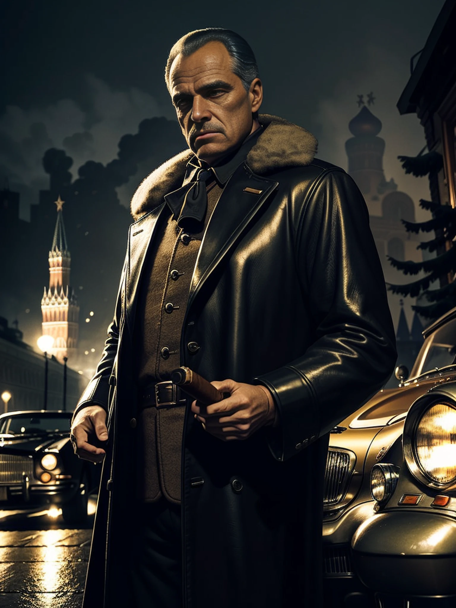 Unique scene, excellent graphics, elaborate details, clear image, excellent realistic image study. In the foreground, an elderly (about 50 years old) Russian man in a fluffy fur coat holds a pistol in his left hand, and holds a cigar with his right hand. A second younger man, wearing a leather jacket, puts away a lighter. Against the backdrop of the center of Moscow, right behind the heroes is an old luxury car with an open door. Winter, fog, night, cold and warm color.