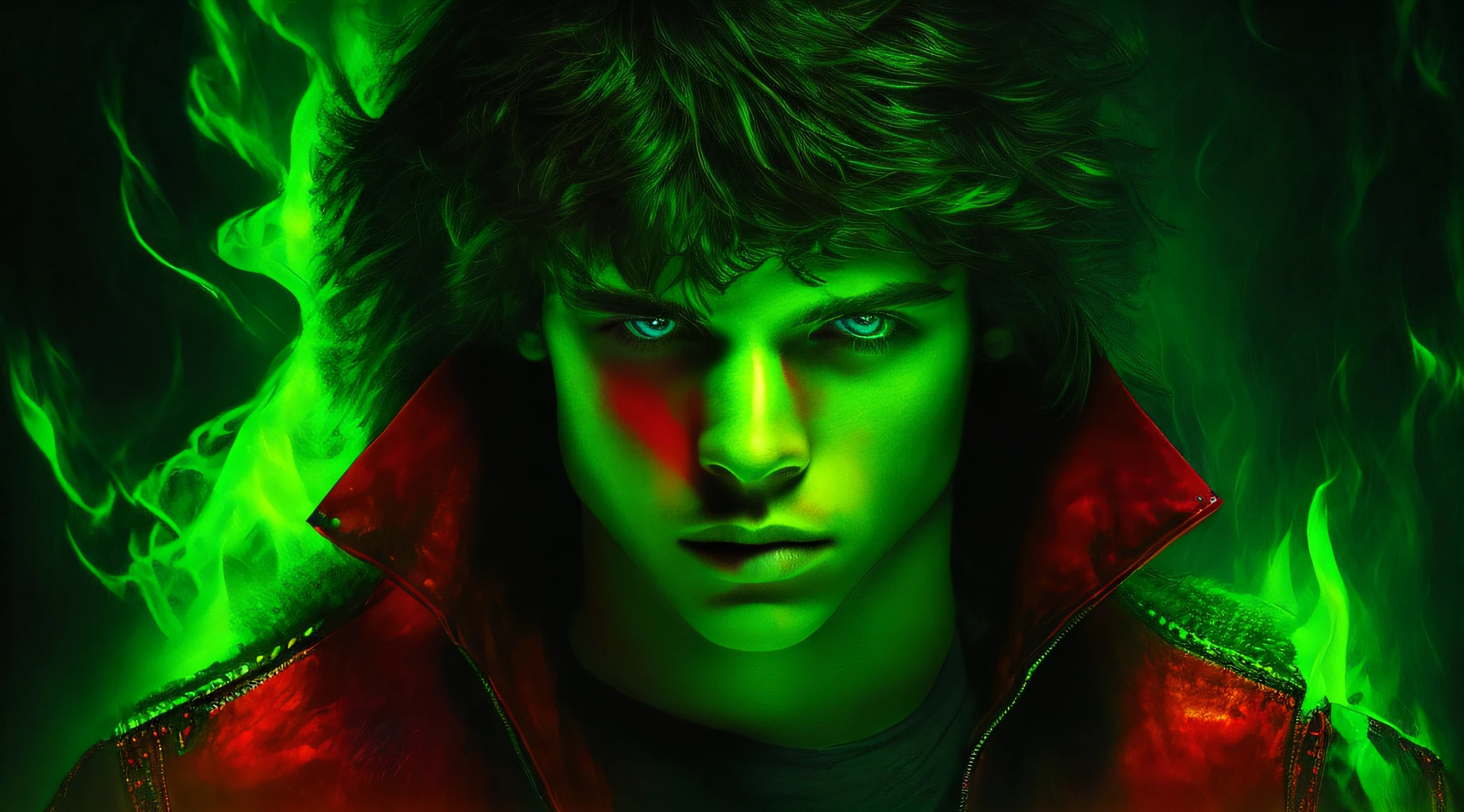 blonde haired boy with blue eyes and long blonde hair in a red leather jacket with guitar, straight hair, next gen, childish, boy hair, three futuristic princes, by Mirabello Cavalori, by derek zabrocki, beautiful symmetrical faces, children, by Bernardino Mei, children, by Zahari Zograf, beautiful boys, digital art. realistic photo, twins, fire music photo, elemental, portrait, PORTRAT STYLE, a green glow, detalized background of green glow, green glow, green ambient light, bright green, radioactive glow green, neon green, sickly green colors.