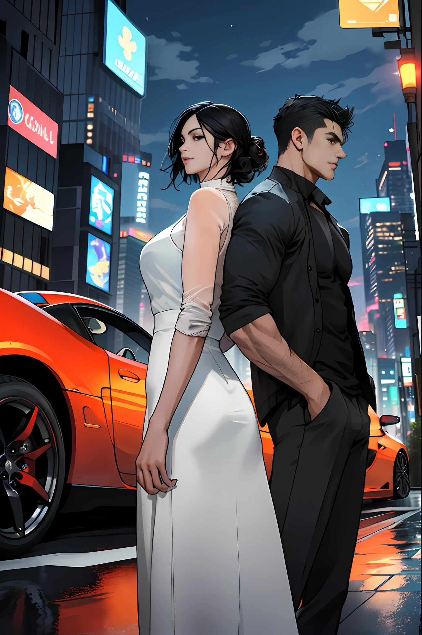 1man, 1woman, masterpiece, best quality, ultra high resolution, dusk, (back-to-back: 1.5), cityscape, depth of field, short black hair, standing in front of a sports car, ((male focus)), single male, mature, handsome, high cold female