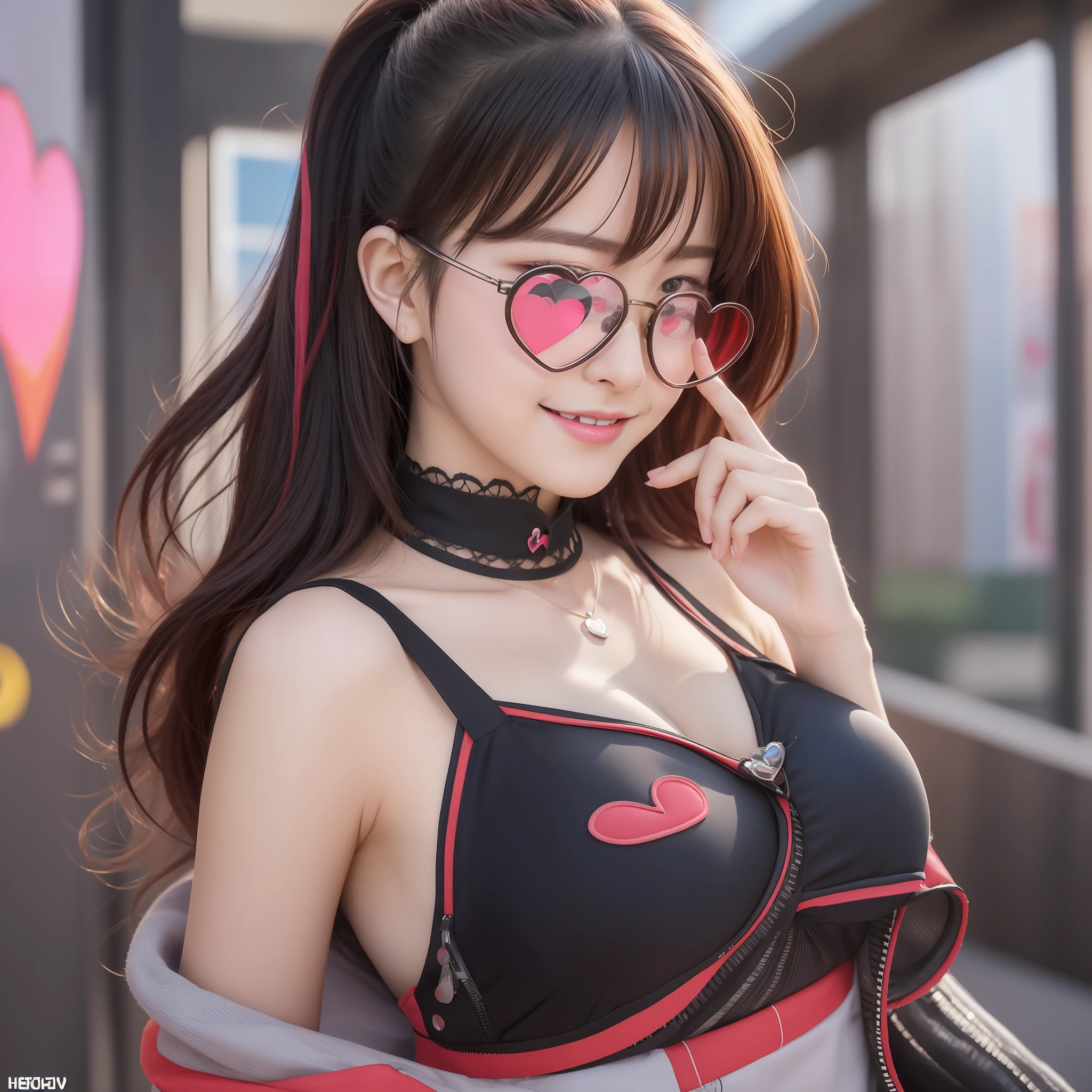 masterpiece, best quality, amazing, beautiful detailed eyes, a character portrait, cute face, smile, black hair and red streaked hair, a anime half nude girl wearing a wearing round glasses, solo, ((heartboob, heart-shaped)), inspired by ((hololive)), by Makoto Shinkai, detailed texture, space art, explosions all around, a school in the background, Unreal Engine, trending on artstation