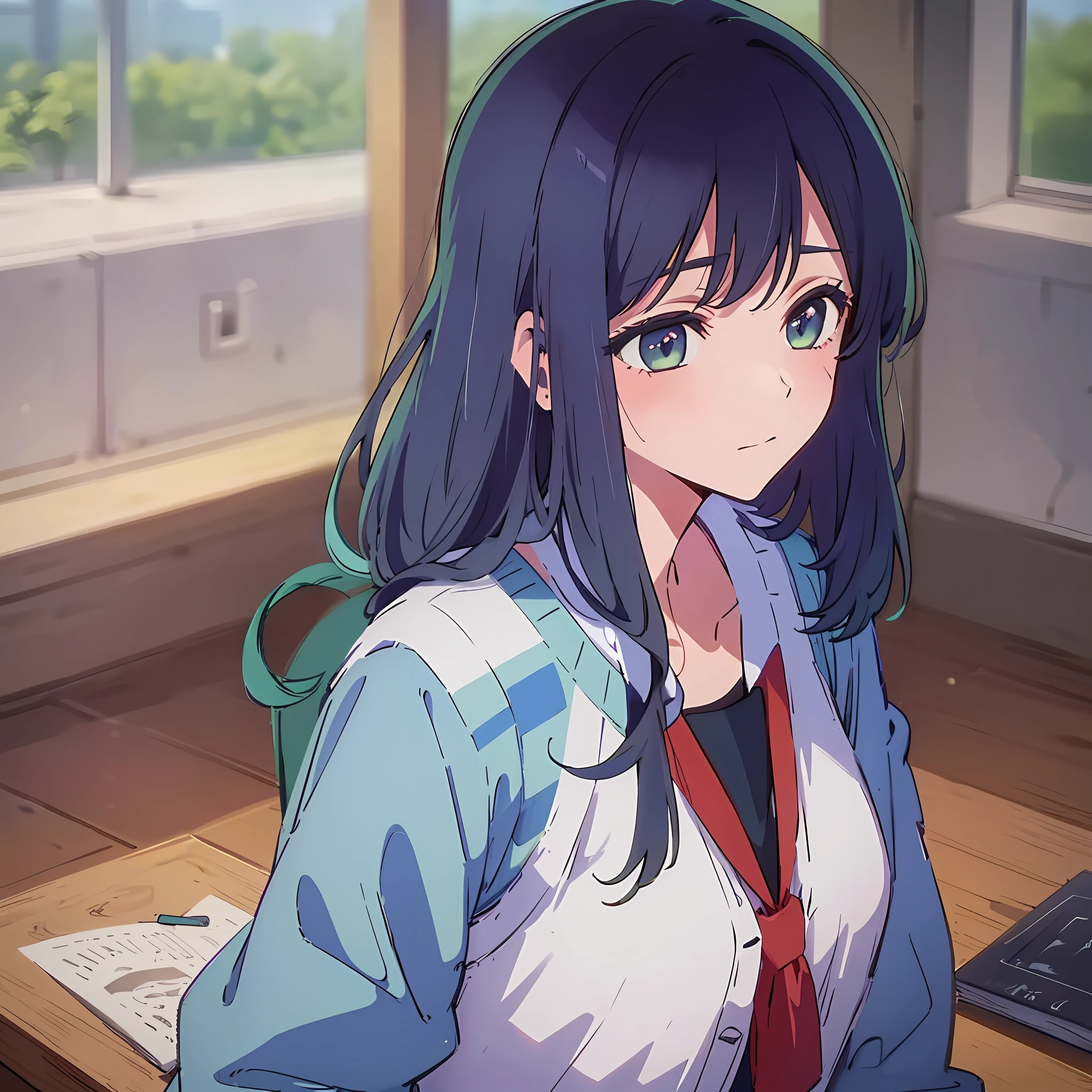 (extremely detailed illustration, best quality, masterpiece) A beautiful girl named Kurokawa Akane, she has a serene expression and gentle demeanor. She's wearing a Japanese high school uniform,