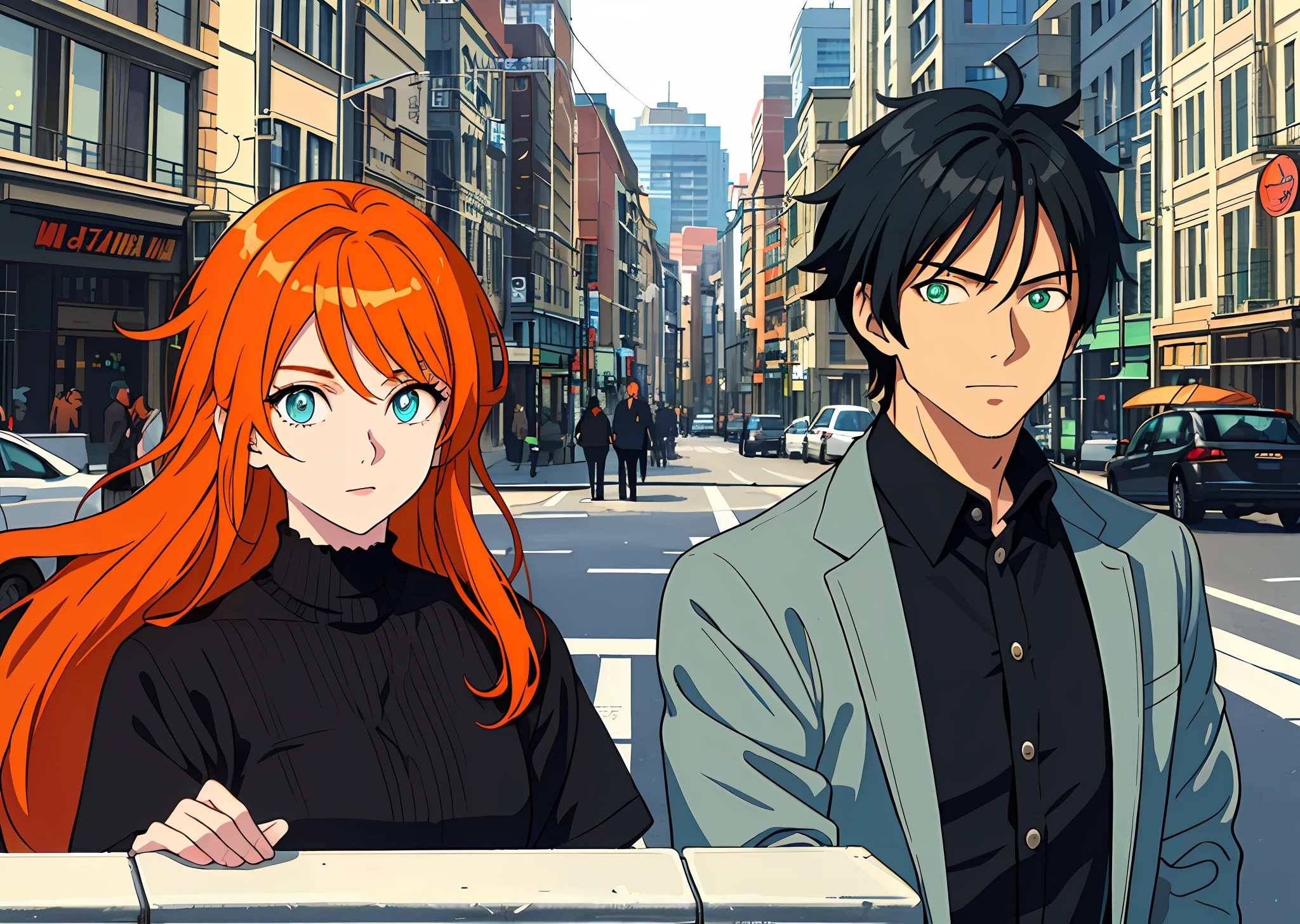 (masterpiece, best quality), 1 adult man, 1 adult woman, couple, ((man with orange hair and green eye)), ((woman with black hair and blue eye))anime, realistic, ultra realistic, 3d, whole characters, city,