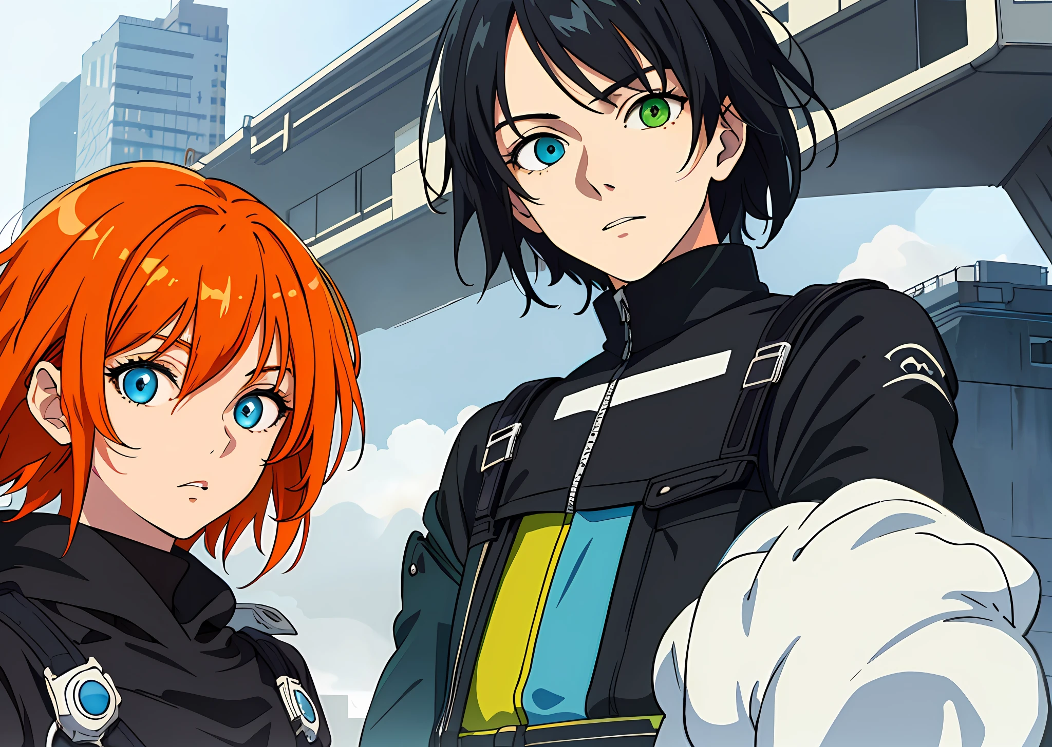 (masterpiece, best quality), 1girl, 1 boy, couple, ((man with orange hair and green eye)), ((woman with black hair and blue eye))anime, realistic, ultra realistic, 3d, whole characters, city