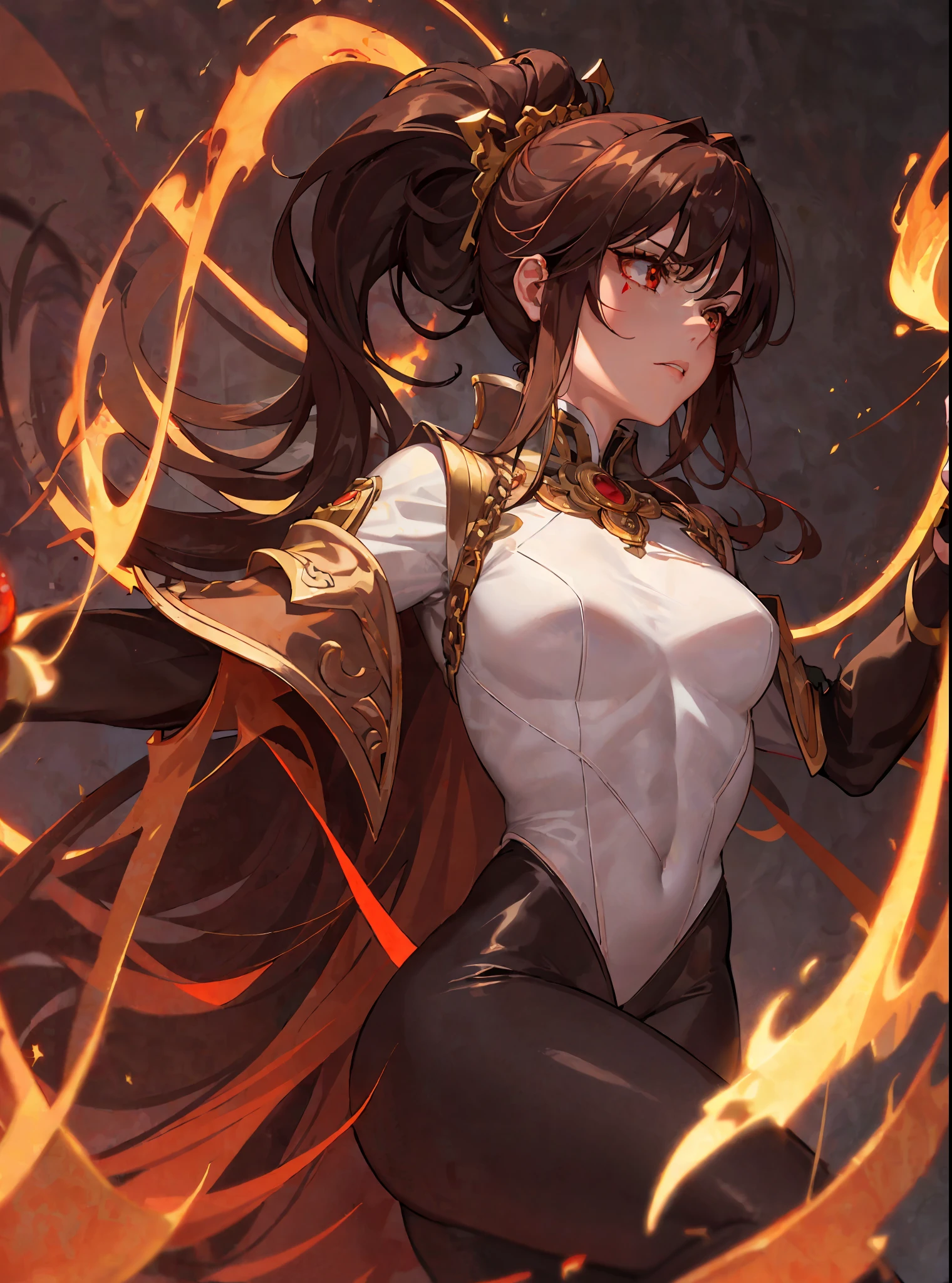 (masterpiece, best quality), close-up picture, alone, an adult woman with very long brown hair, (((white and gold bodysuit))), golden shoulder pads, (((old ponytail hairstyle))), ((alone)), red ribbon in hair, bare legs, bodysuit, queen, ((fire)), chains, halo, good anatomy, ((brown hair)), correct proportions, boots, bright colors, torn clothes, queen, red eyes, serious,  mysterious appearance, blood, emotionless, palace, bangs straight, evil, (yellow eyes), gothic, medium chest, chest to head show, cinematics, color oil painting, solo, cinematic lighting, extremely detailed face, finely detailed face, beautiful face, beautiful eyes, perfect lighting, depth of field, realistic proportions, good anatomy, long coat