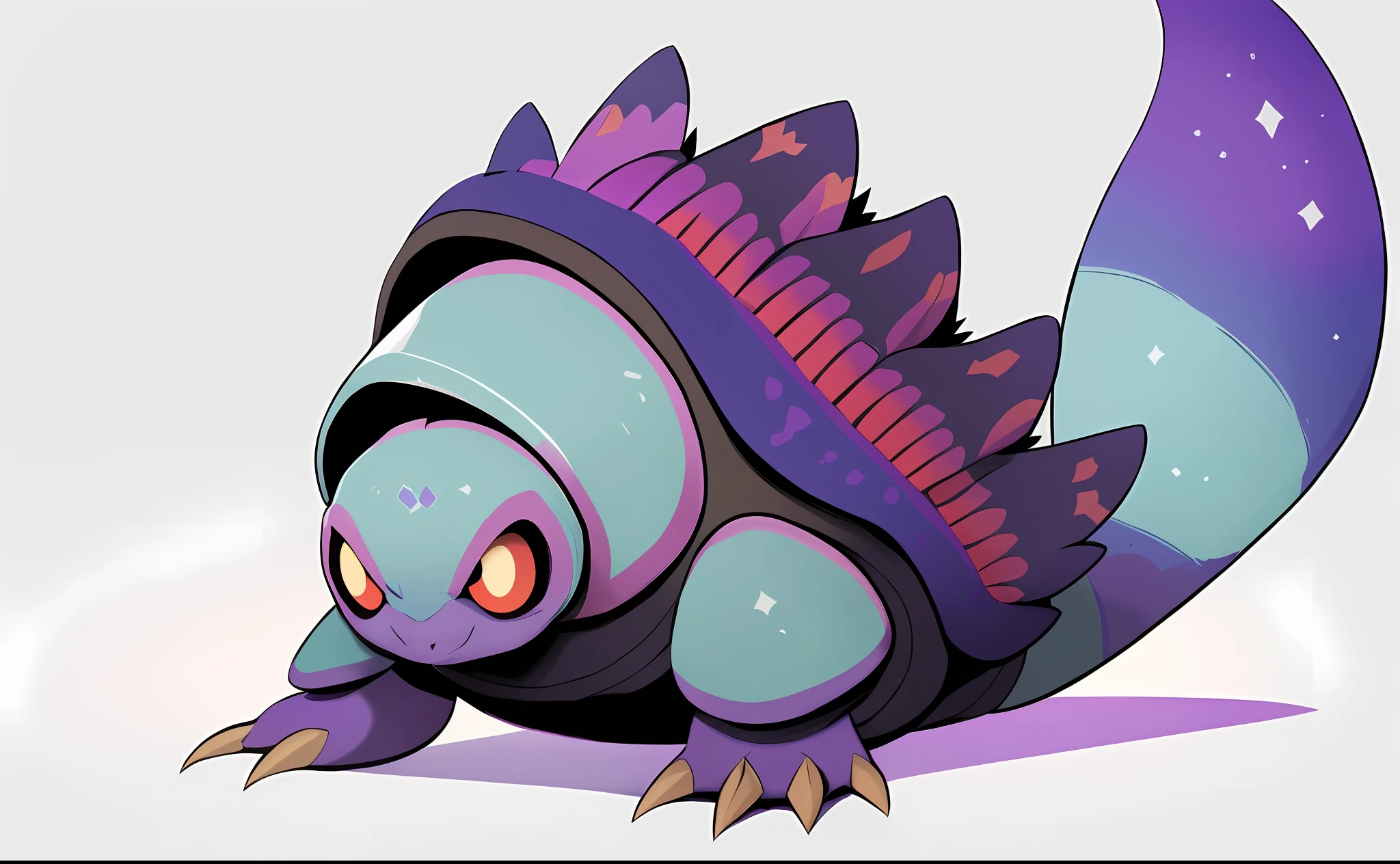 cartoon illustration of a purple and blue dragon with a purple tail, conceptual mystery pokemon, humanoid turtle monster, pokemon art style, wee whelp, weird pokemon, realistic creature concept, stylized concept art, monster character design, creature design, 2. 5 d illustration, varguyart style, murloc tinyfin, official concept art, concept illustration, illustration pokemon