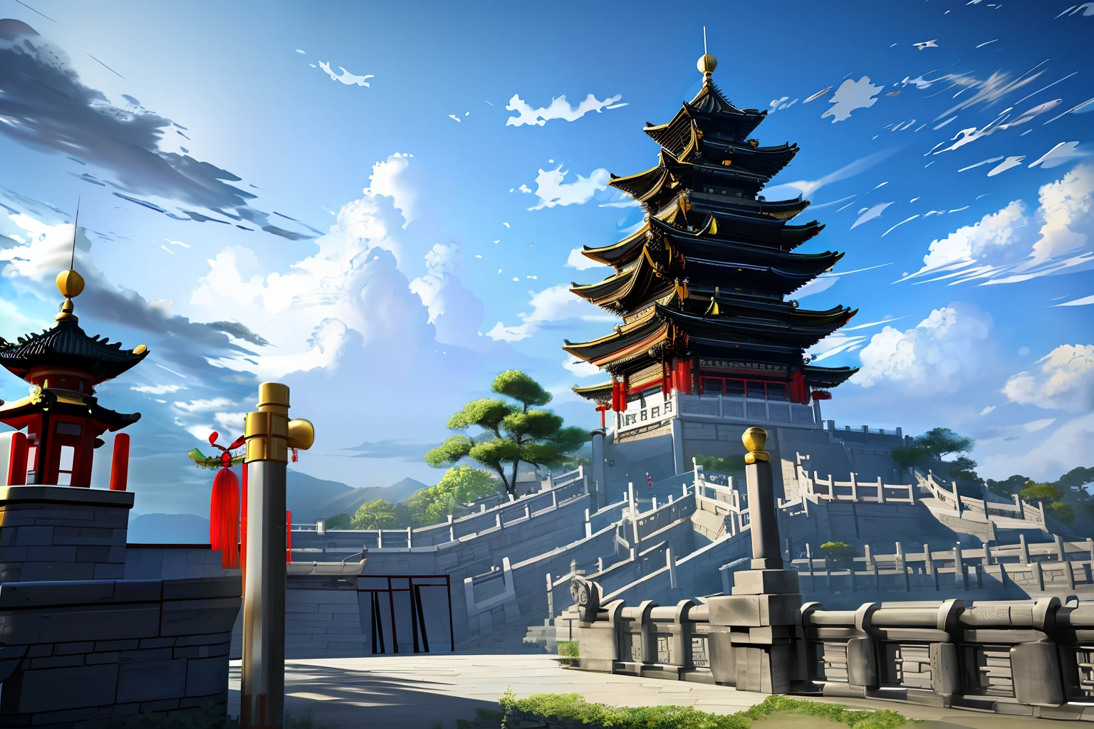 Excellent, masterpiece, high resolution, a tower, chains, sky, clouds. Chinese ancient style, martial arts style.