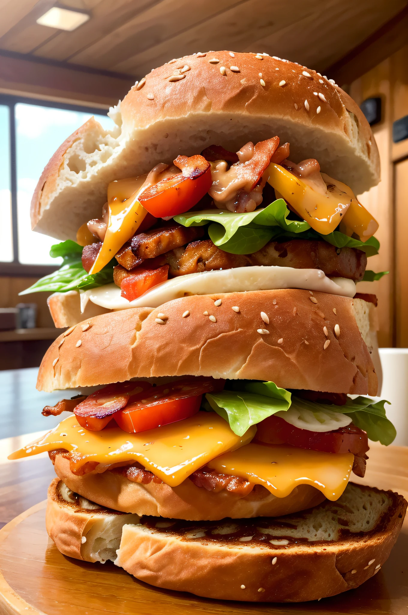 (best quality:1.4), (masterpiece:1.2), detailed, intricate, highres, photo of a scrumptious BLT sandwich with extra bacon, (rustic diner background)+, seed bread, pepper jack cheese, (intricate details:1.12), hdr, (intricate details, hyperdetailed:1.15)