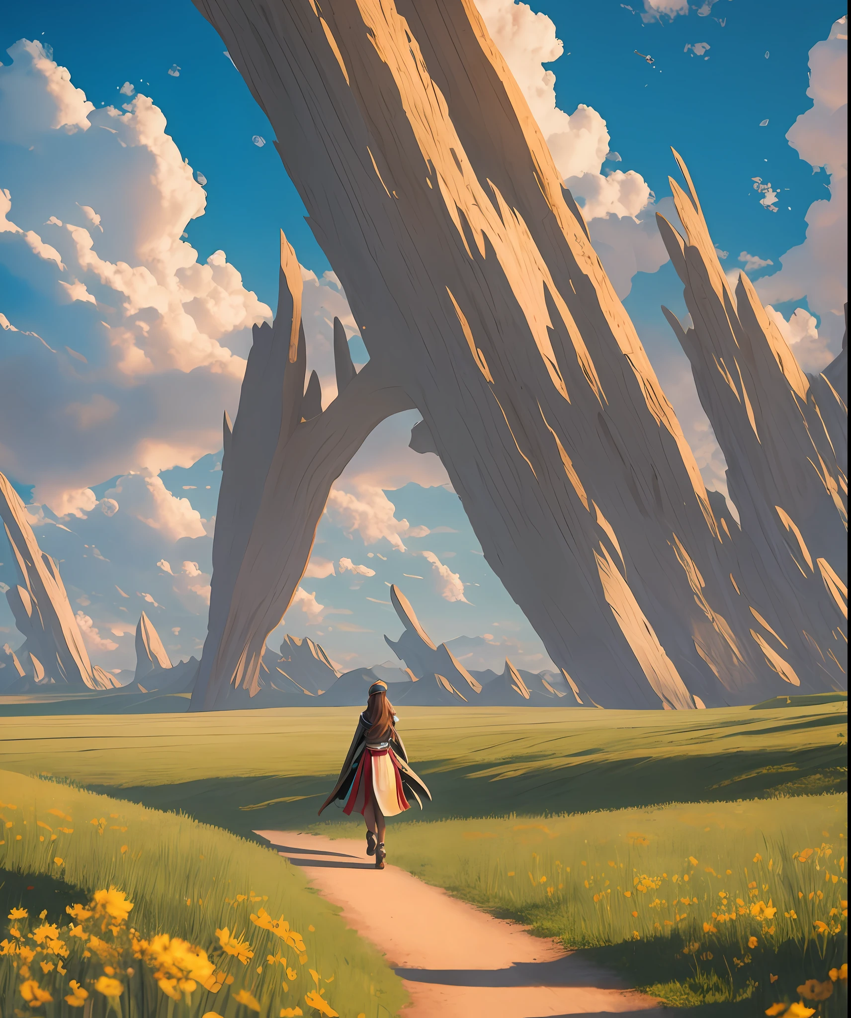 Arafad image of 18 year old sexy girl walking in field, she wears a cape, holds a holy sword, cute digital painting, female explorer girl, realistic anime 3 D style, adventure surreal rendering, digital cartoon painting art, cute detailed digital art, fantasy matte painting, cute, cartoon digital painting, Artgerm and Atey Ghailan, animation style rendering,