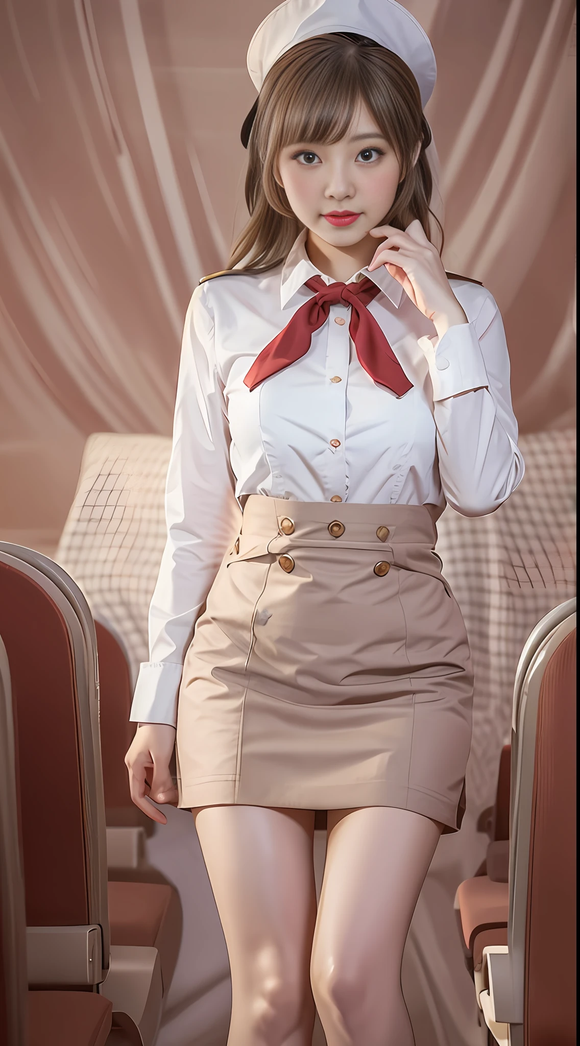 The painting style is soft, childish and cute, rich and ancient, flowing and moving, fleshy and full, girly heart, sweet and lovely, flight attendant uniform, simple atmosphere, loose and comfortable, red tone, bright and soft lighting. The figure is fat