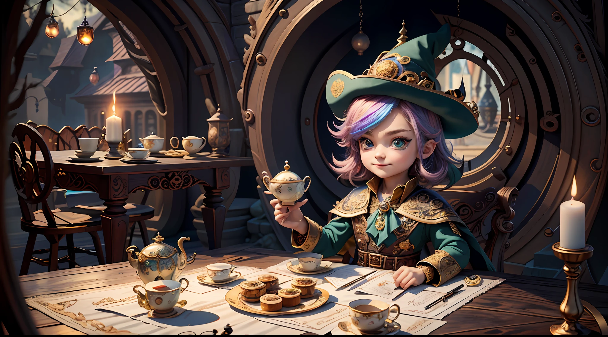 Masterpiece, best quality, wizard tea party, chibi, handsome male witch, beautiful witch, highly detailed realistic eyes, happy, vibrant, colorful,