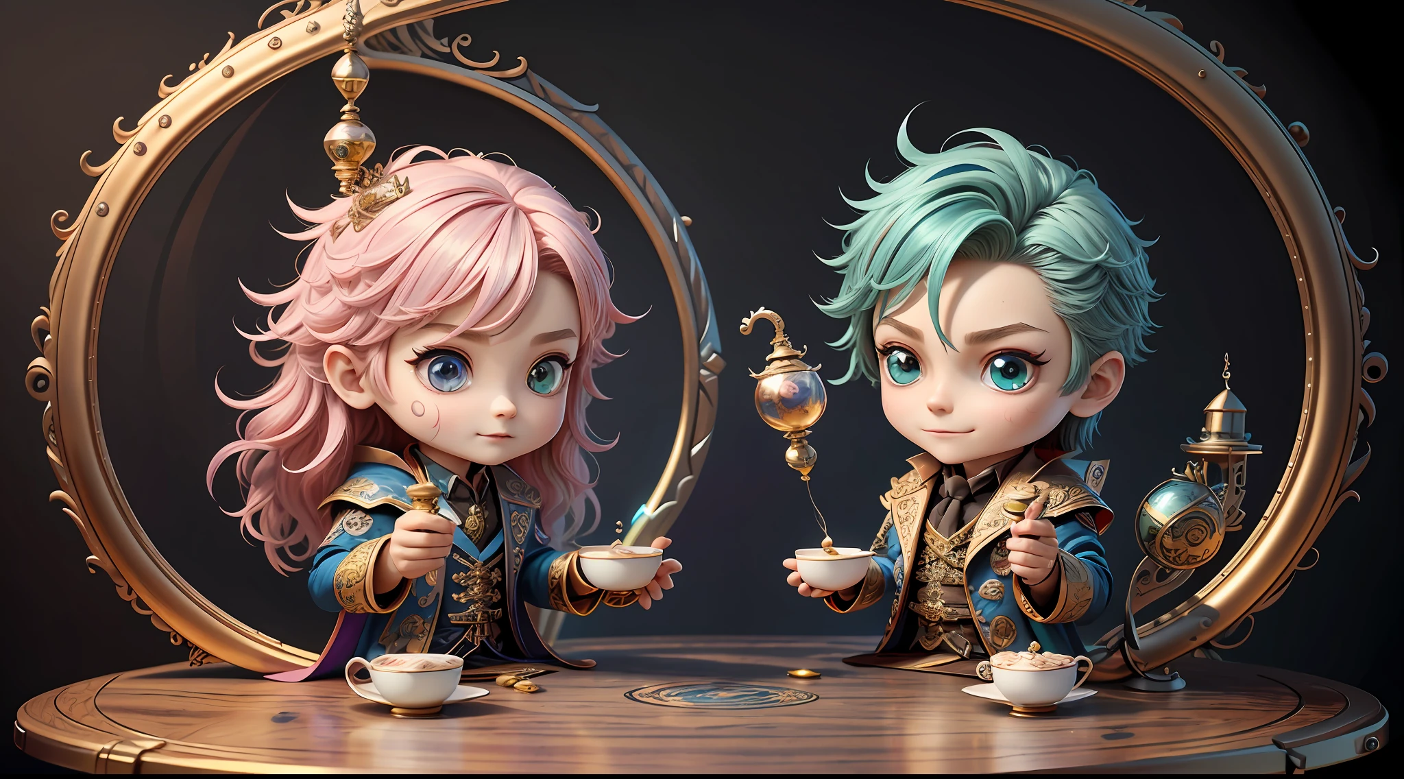 Masterpiece, best quality, wizard tea party, chibi, handsome male witch, beautiful witch, highly detailed realistic eyes, happy, vibrant, colorful,