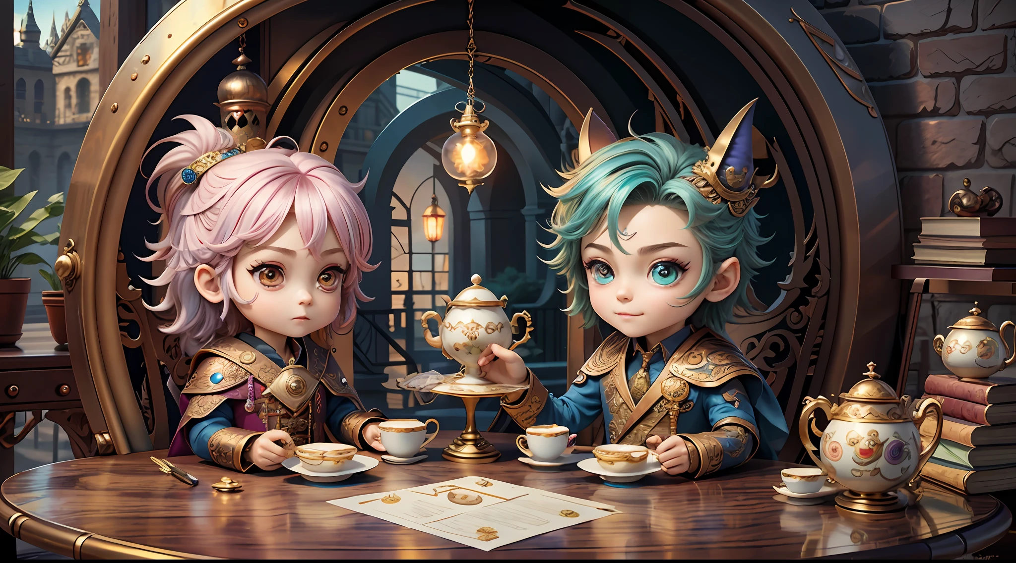 Masterpiece, best quality, wizard tea party, chibi, handsome male witch, beautiful witch, highly detailed realistic eyes, happy, vibrant, colorful,
