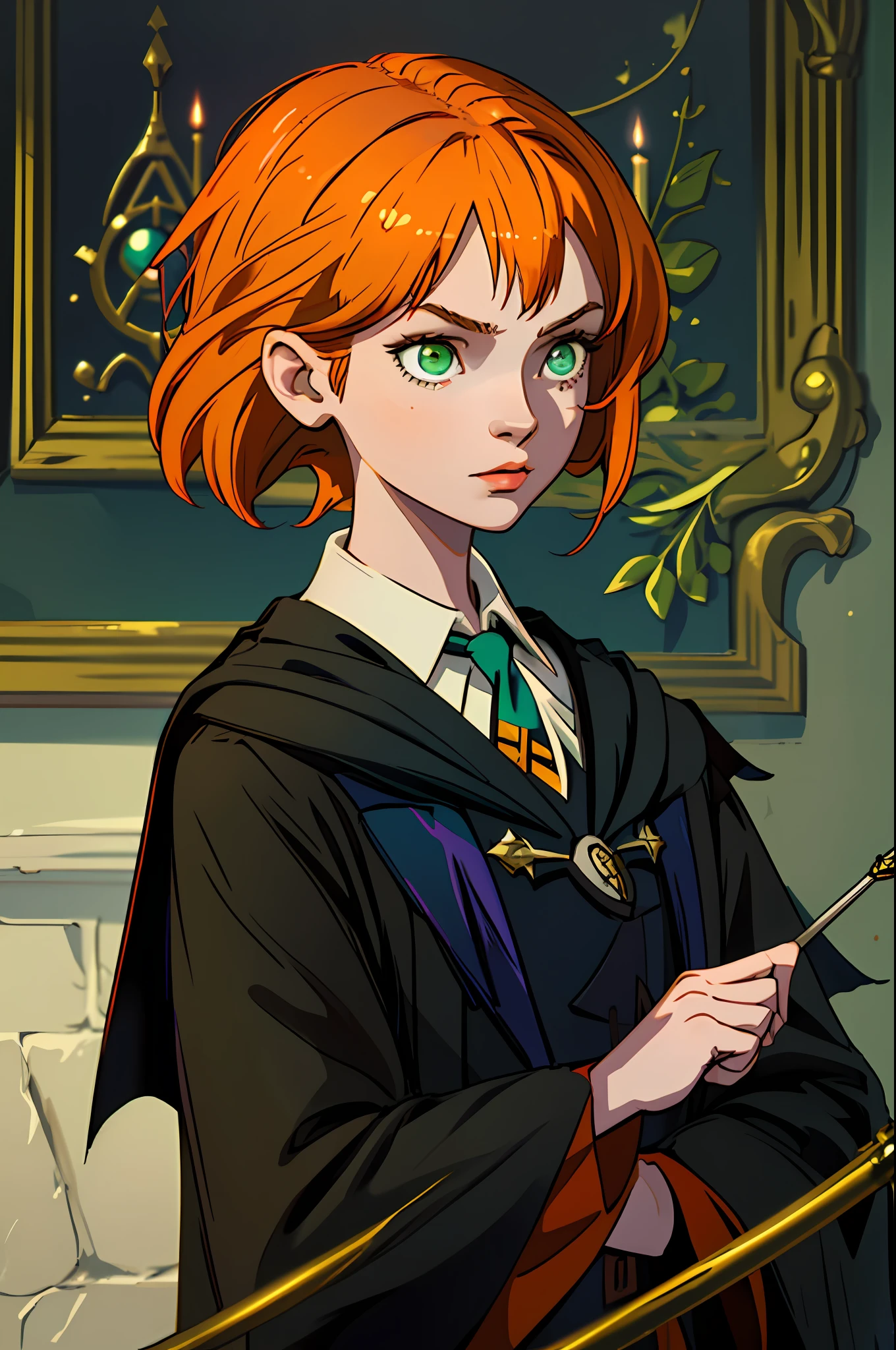 (best quality, masterpiece), 1girl, Harry Potter \(series\), upper body, outfit ravenclaw, orange hair, green eyes