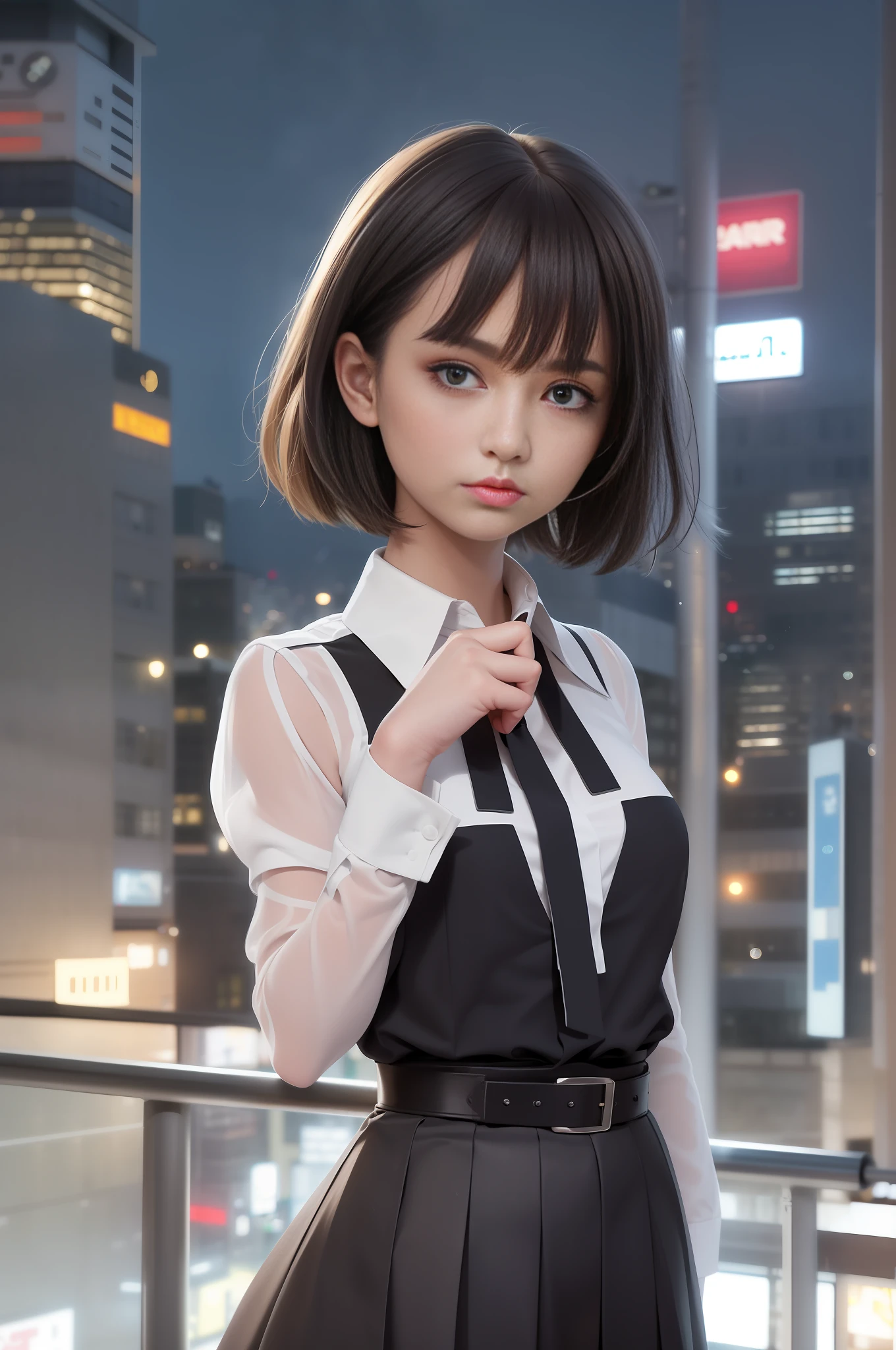Masterpiece, Best Image , Black Hair, Blue Eyes, Looking Up, Upper Body, Thin Transparent White Shirt with Collar, Uniform, Textured Face, Awkward Stance, Highly Detailed Japan City Roof Night View Background, Night View, Standing with Rooftop Railing, Overlooking the City, PARCO sign of the building next door in the background, Shading, Light awn, Watercolor style, One girl surrounded by night view of building rooftop, pointedGreen skirt, ultra high definition face, detailed eyes, neat thin soft cloth green skirt, random hairstyle short hair, green ribbon tie, (8K, RAW, professional, highest quality, masterpiece: 1.2), (realistic, photorealistic: 1.37), super detail, (portrait), (best detail skin: 1.2), (best detail face: 1.2), Cinematic Lighting