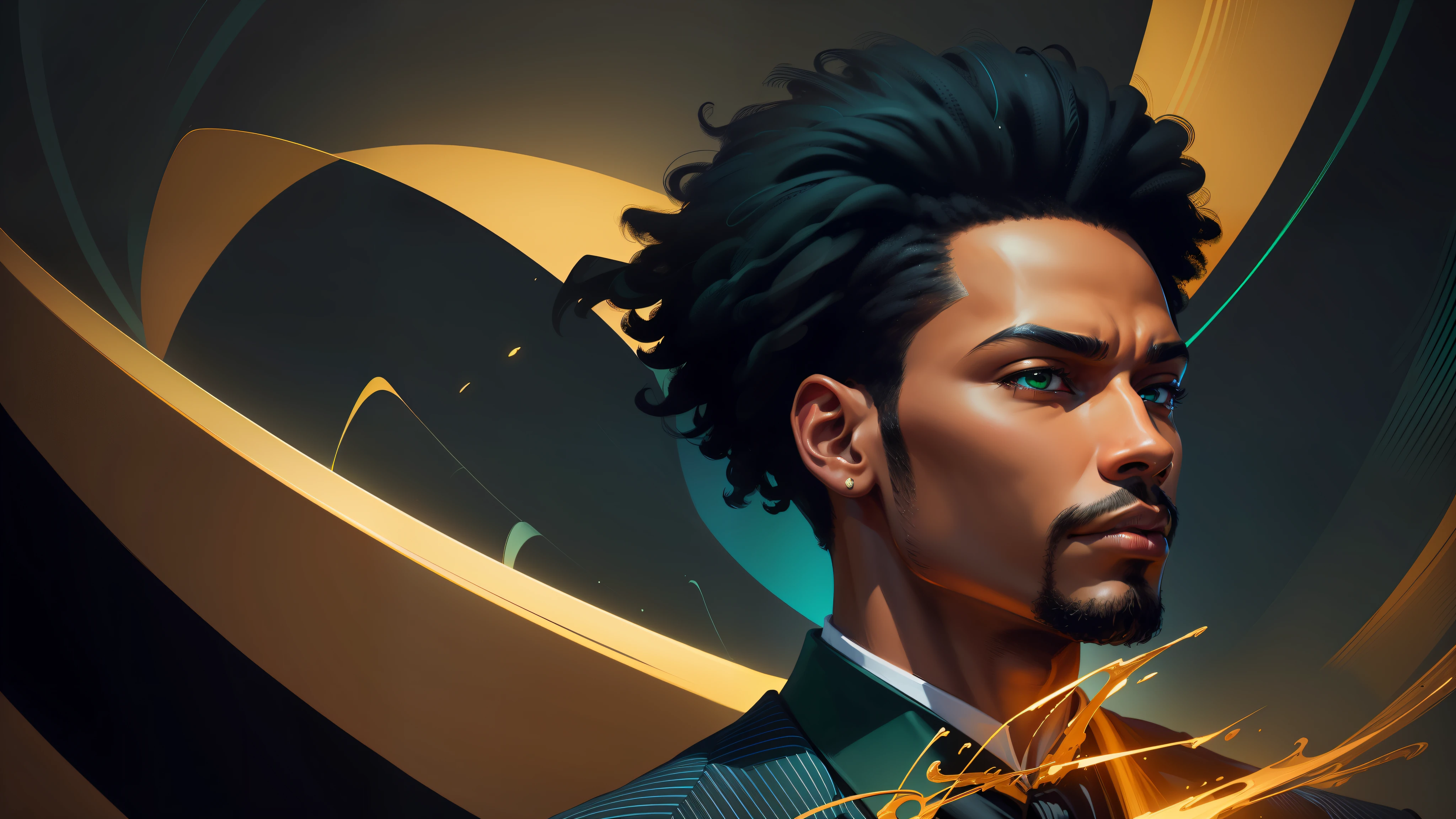 digital illustration, (close-up, character on the right), a modern and elegant black man, in the style of jazz, looking at the camera and forward, dramatic lighting, colorful and abstract background of jazz and blues, without text, (predominant colors: black, dark blue, green, yellow)