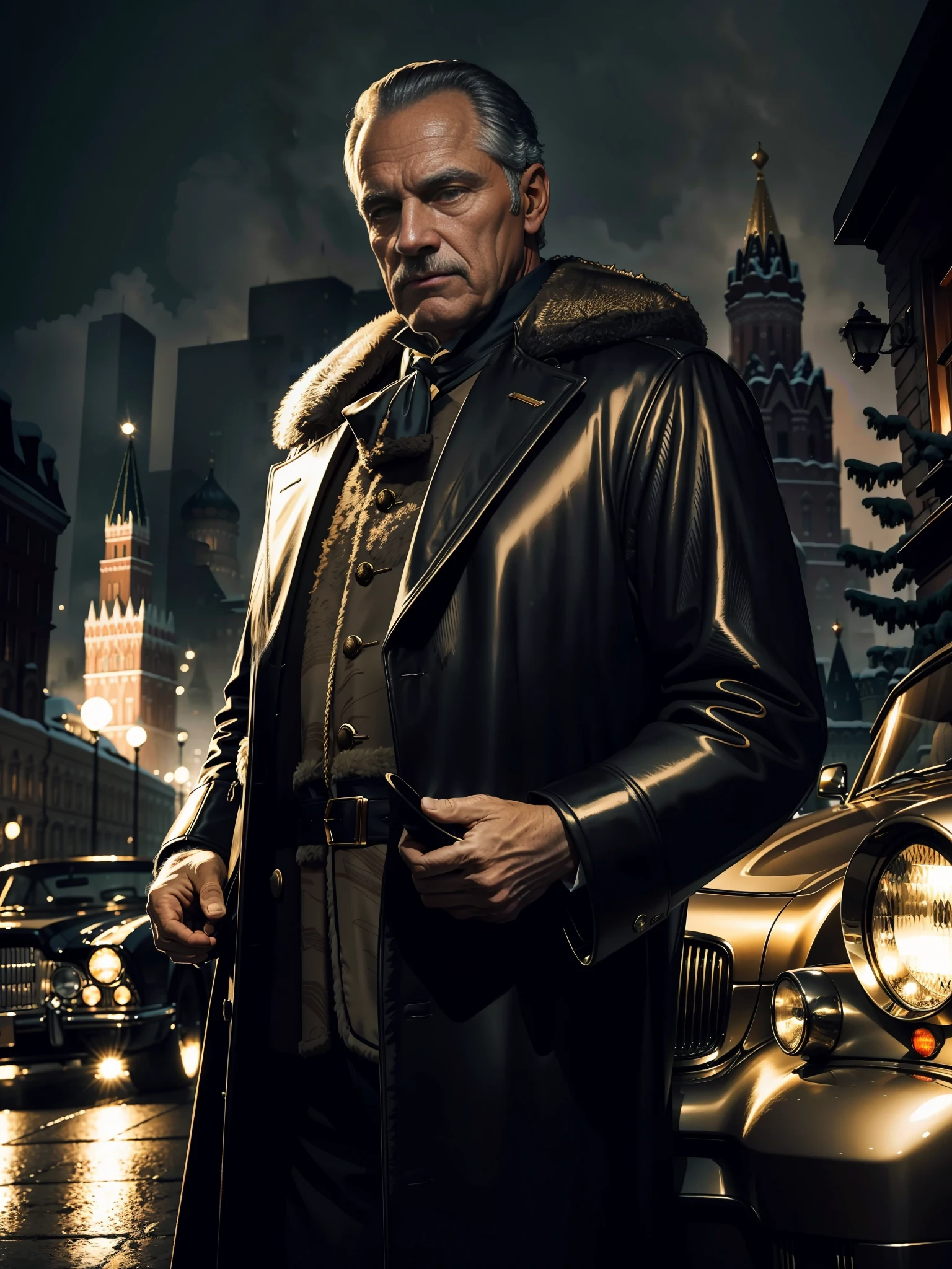 Unique scene, excellent graphics, elaborate details, clear image, excellent realistic image study. In the foreground is an elderly (about 50 years old) Russian man in a fluffy fur coat, a man looks very seriously into the frame. Against the backdrop of the center of Moscow, right behind the heroes is an old luxury car with an open door. Winter, fog, night, cold and warm color.