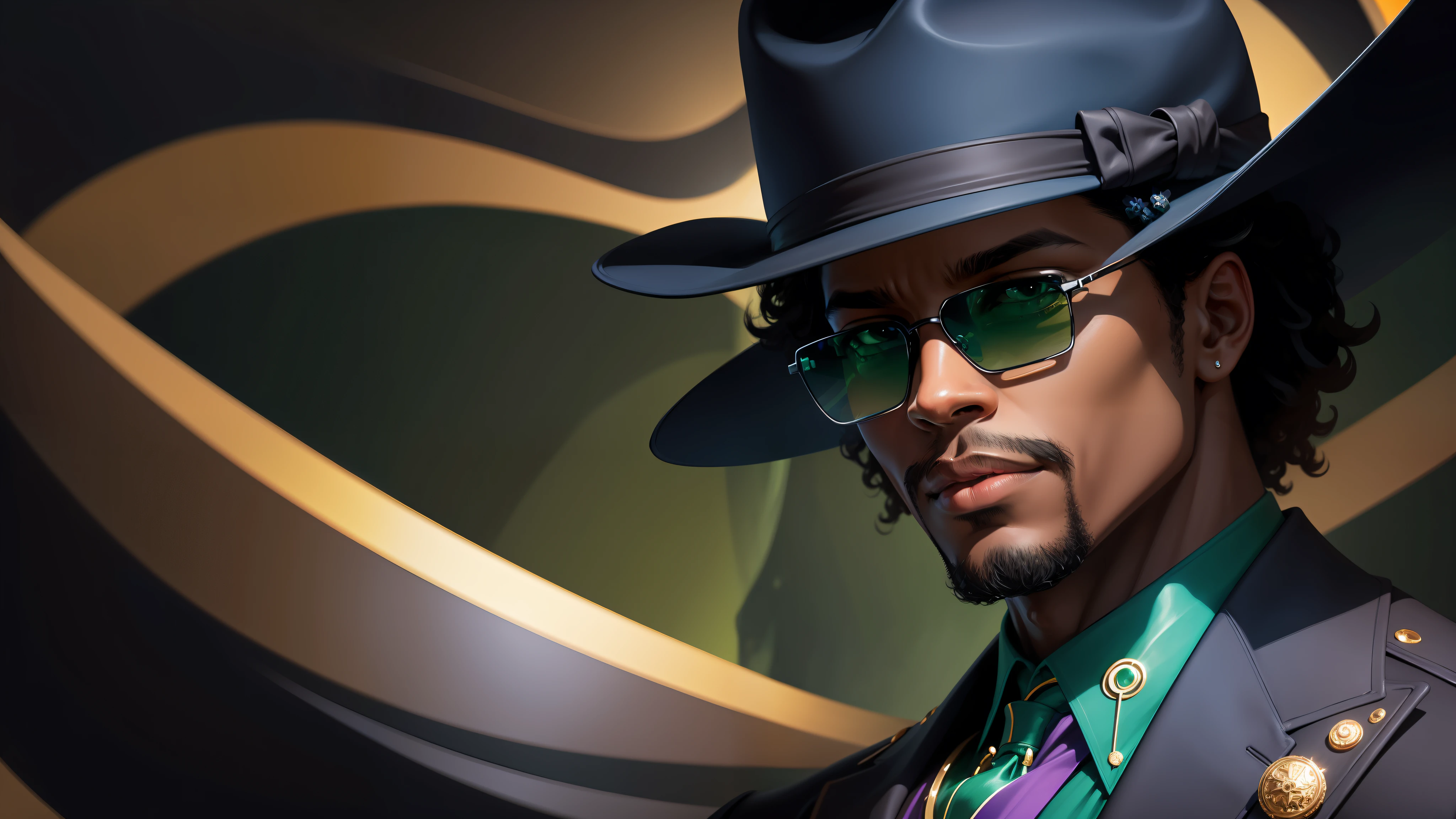 digital illustration, (close-up, character on the right), an elegant black man with hat and sunglasses, in the style of jazz, looking at the camera and forward, dramatic lighting, colorful and abstract background of jazz and blues, no text, (predominant colors: dark blue, green)
