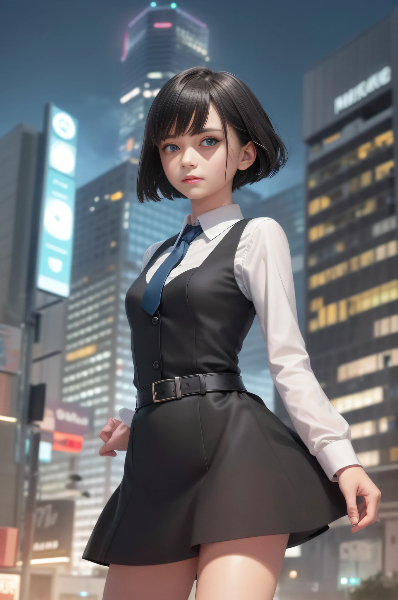 Masterpiece, Best Image , Black Hair, Blue Eyes, Looking Up, Upper Body, Thin Transparent White Shirt with Collar, Uniform, Textured Face, Awkward Stance, Highly Detailed Japan City Roof Night View Background, Night View, Standing with Rooftop Railing, Overlooking the City, PARCO sign of the building next door in the background, Shading, Light awn, Watercolor style, One girl surrounded by night view of building rooftop, pointedGreen skirt, ultra high definition face, detailed eyes, neat thin soft cloth green skirt, random hairstyle short hair, green ribbon tie, (8K, RAW, professional, highest quality, masterpiece: 1.2), (realistic, photorealistic: 1.37), super detail, (portrait), (best detail skin: 1.2), (best detail face: 1.2), Cinematic Lighting