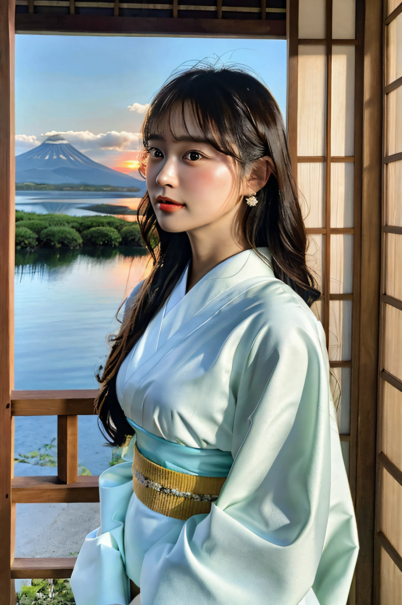 (Japanese:1.4), Beautiful face, Very detailed face, Very detailed eyes, Perfect eyes, Perfect lips, Oil on matte canvas, (Solo: 1.55), (Woman in kimono standing in front of open doorway), (Calm lake, mountain range view in background), (Sunset), Hanfu:0.5, Sharp details, Complex and very detailed, Rich colors, Smooth, Sharp focus, Illustration, Epic, 5, 16K, (Photorealistic:1.37), Kstyle, (2D:1.3),