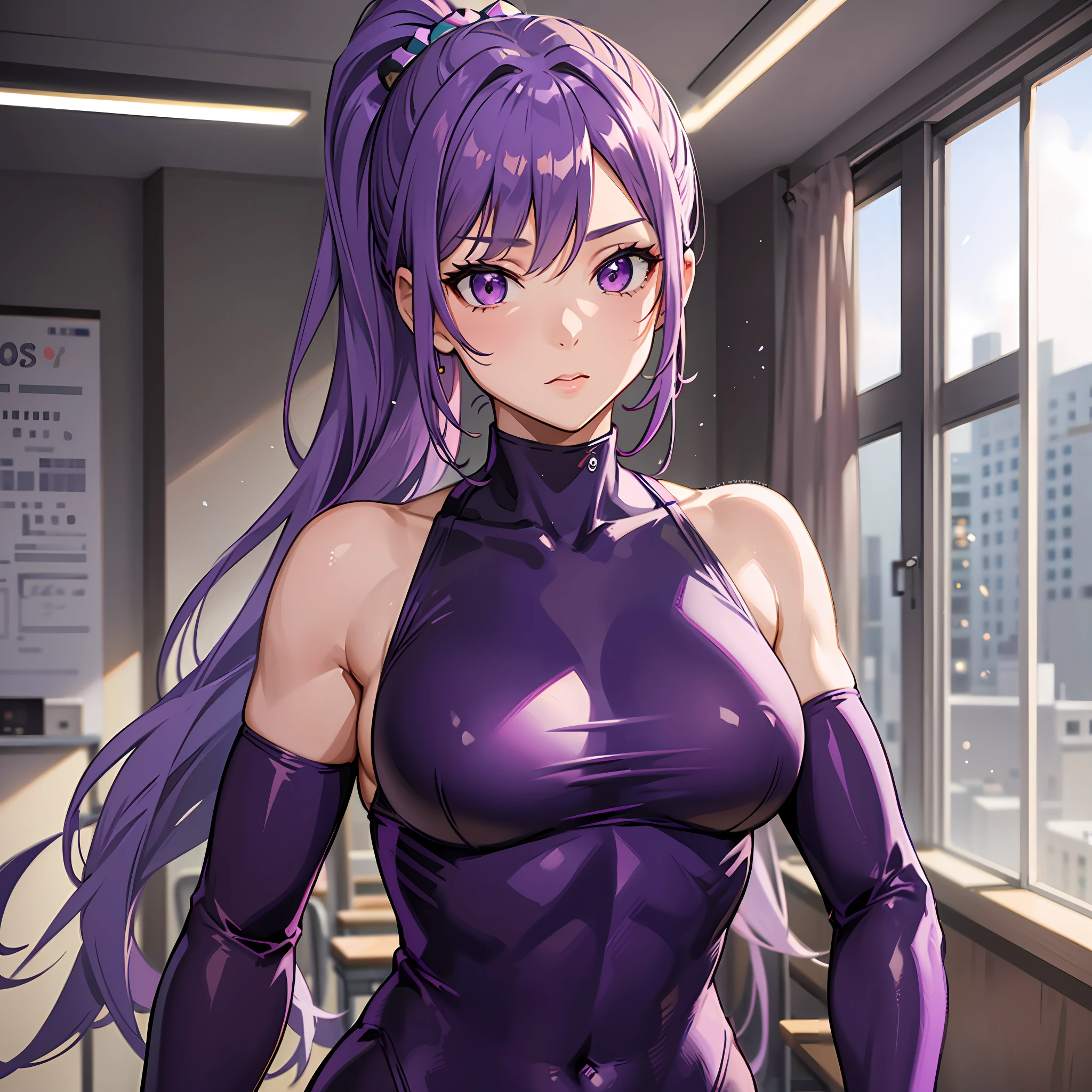 A woman, athletic body, perfect body, tabby body, purple hair, purple eyes, ponytail style hair, bunny bodysuit, inside the classroom