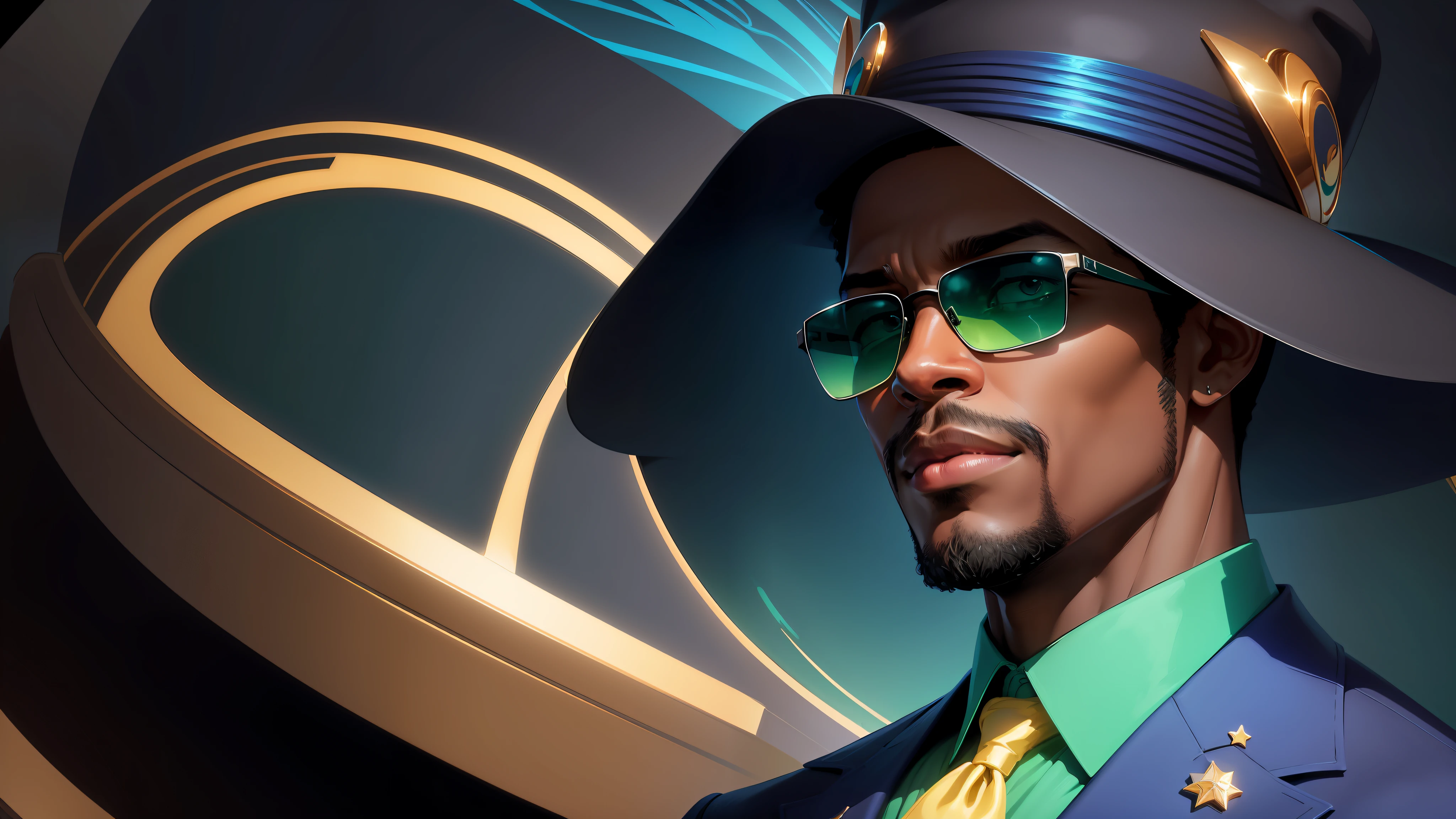 digital illustration, (close-up, character on the right), an elegant black man with hat and sunglasses, in the style of jazz, looking at the camera and forward, dramatic lighting, colorful and abstract blues bar flat background, no text, (predominant colors: dark blue, green)