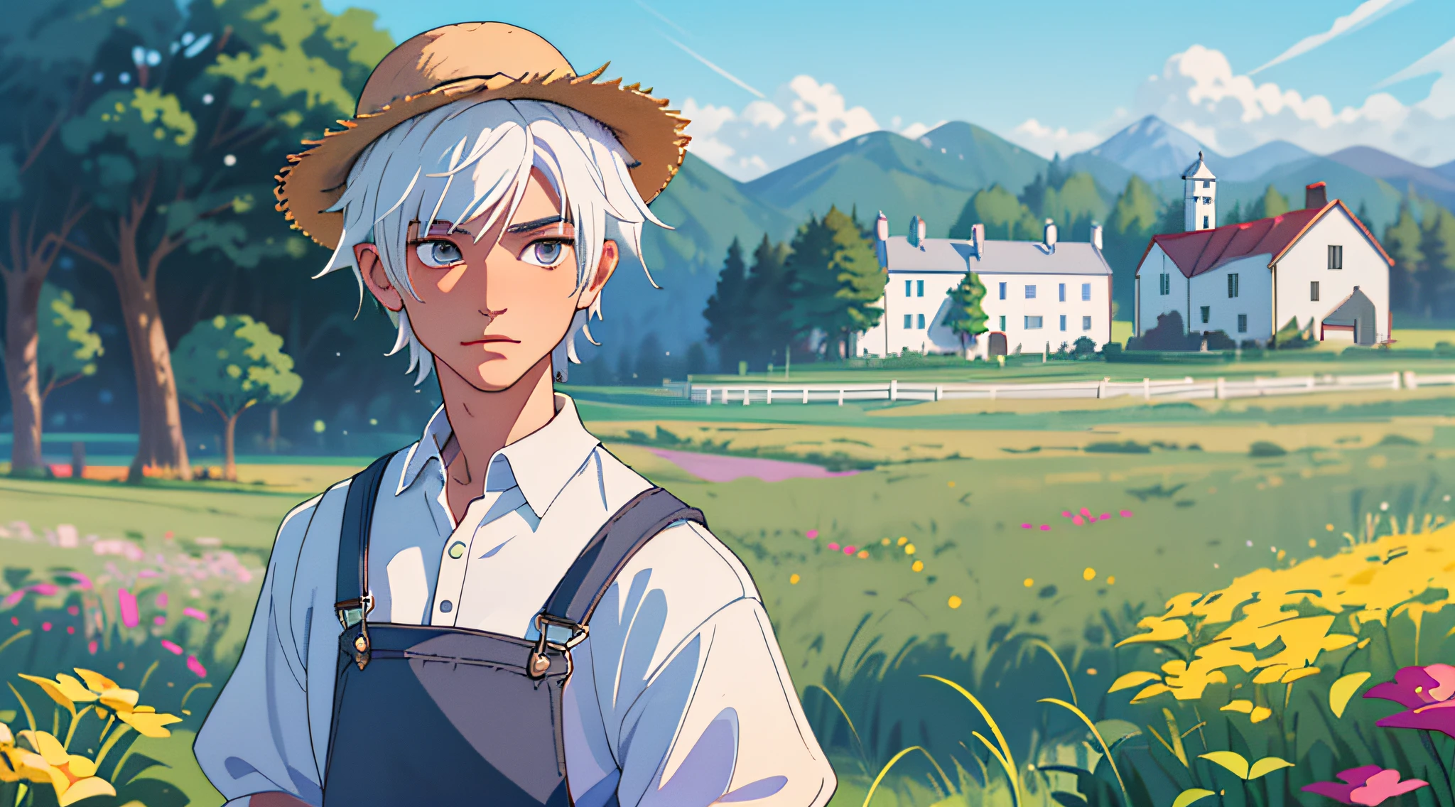 (best quality, masterpiece), 1boy, blurred background, upper body, contemporary, boy, white hair, cute, white skin, beautiful gothic, farm setting, stardew valley, wearing overalls, straw hat.