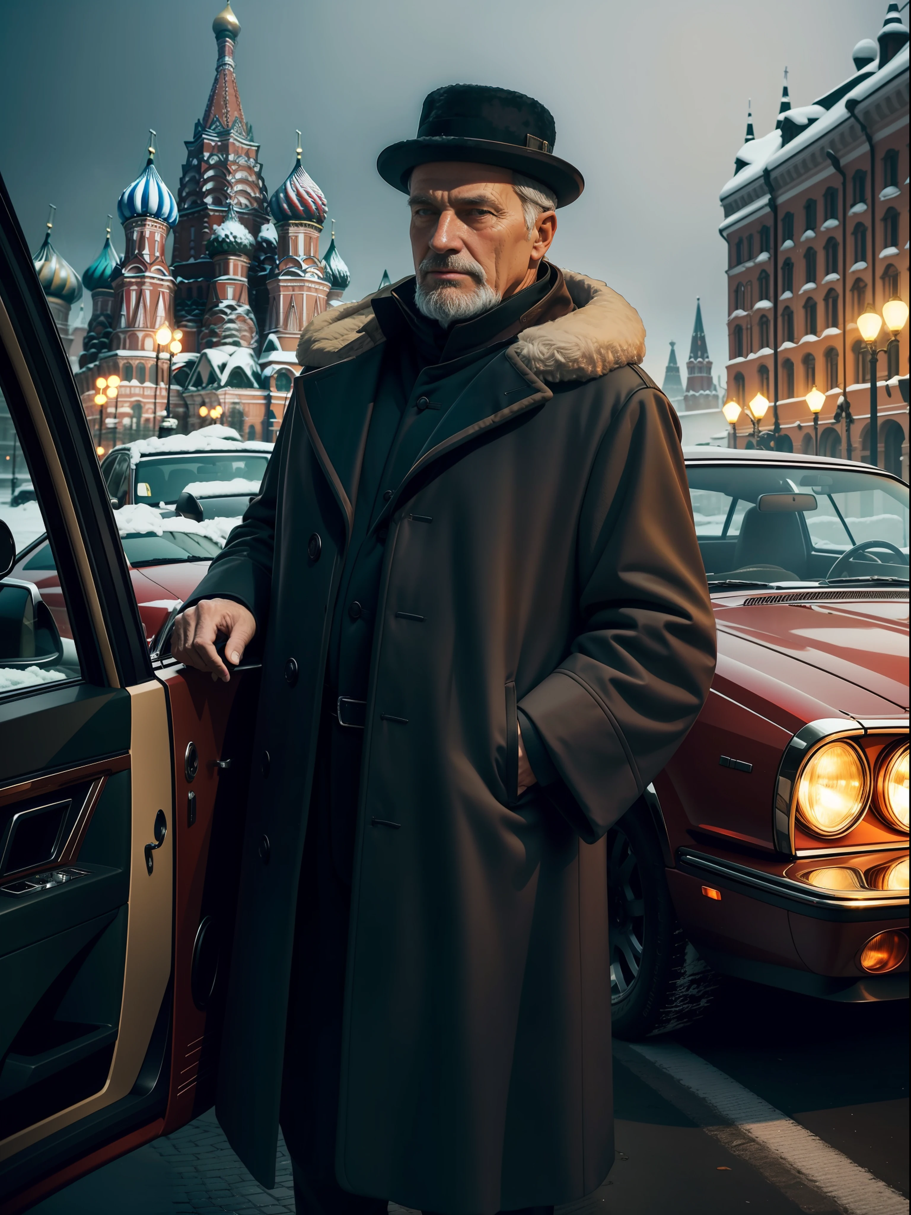 Unique scene, excellent graphics, elaborate details, clear image, excellent realistic image study. In the foreground is an elderly (about 50 years old) Russian man in a fluffy fur coat, a man looks very seriously into the frame. Against the backdrop of the center of Moscow, right behind the heroes is an old luxury car with an open door. Winter, fog, night, cold and warm color.