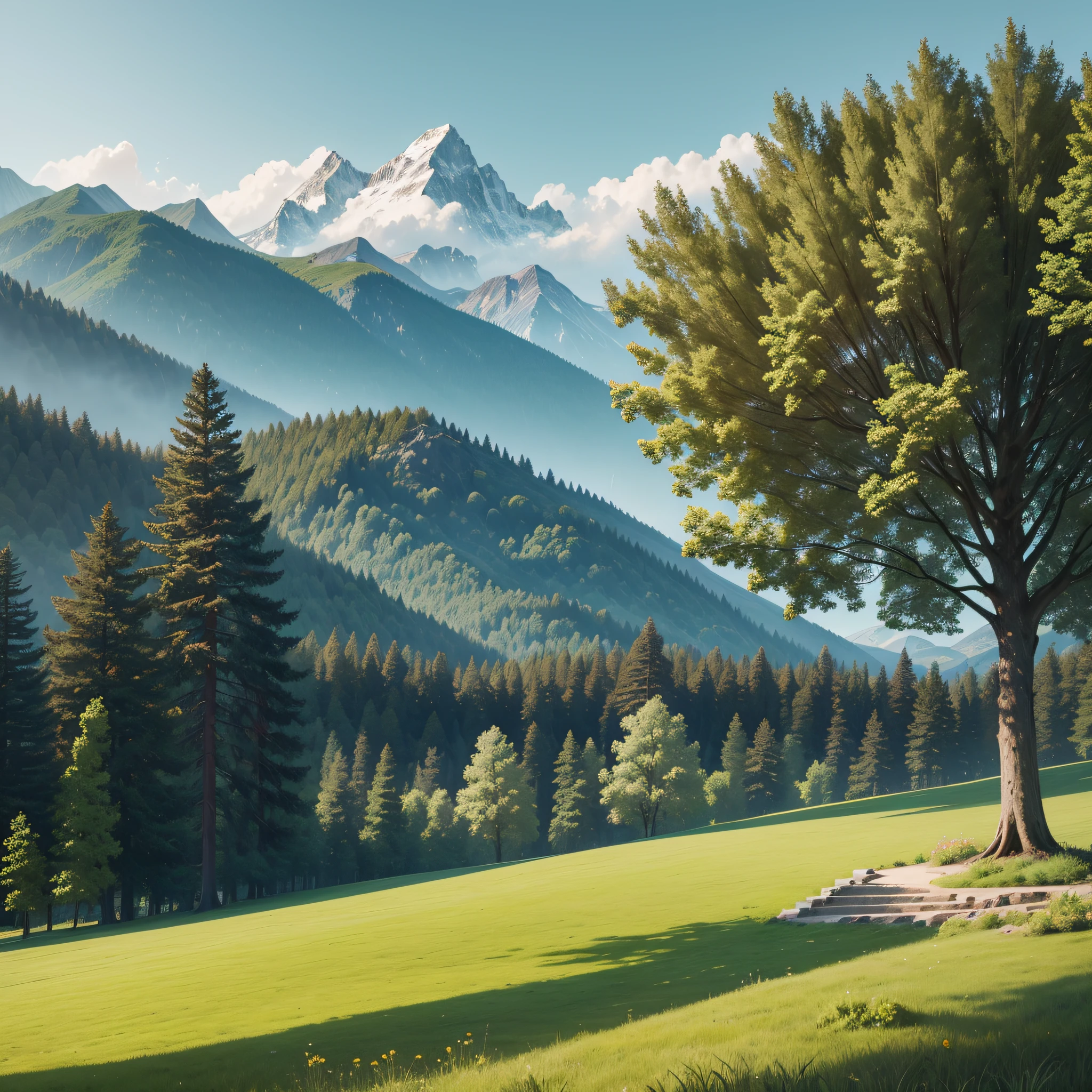 Create a realistic photo of a landscape with mountains in the background a garden link and on the right a tree that the section appears almost at the top of the image and that the canopy of the tree covers a little bit of the section and a little bit of the top of the image --auto --s2