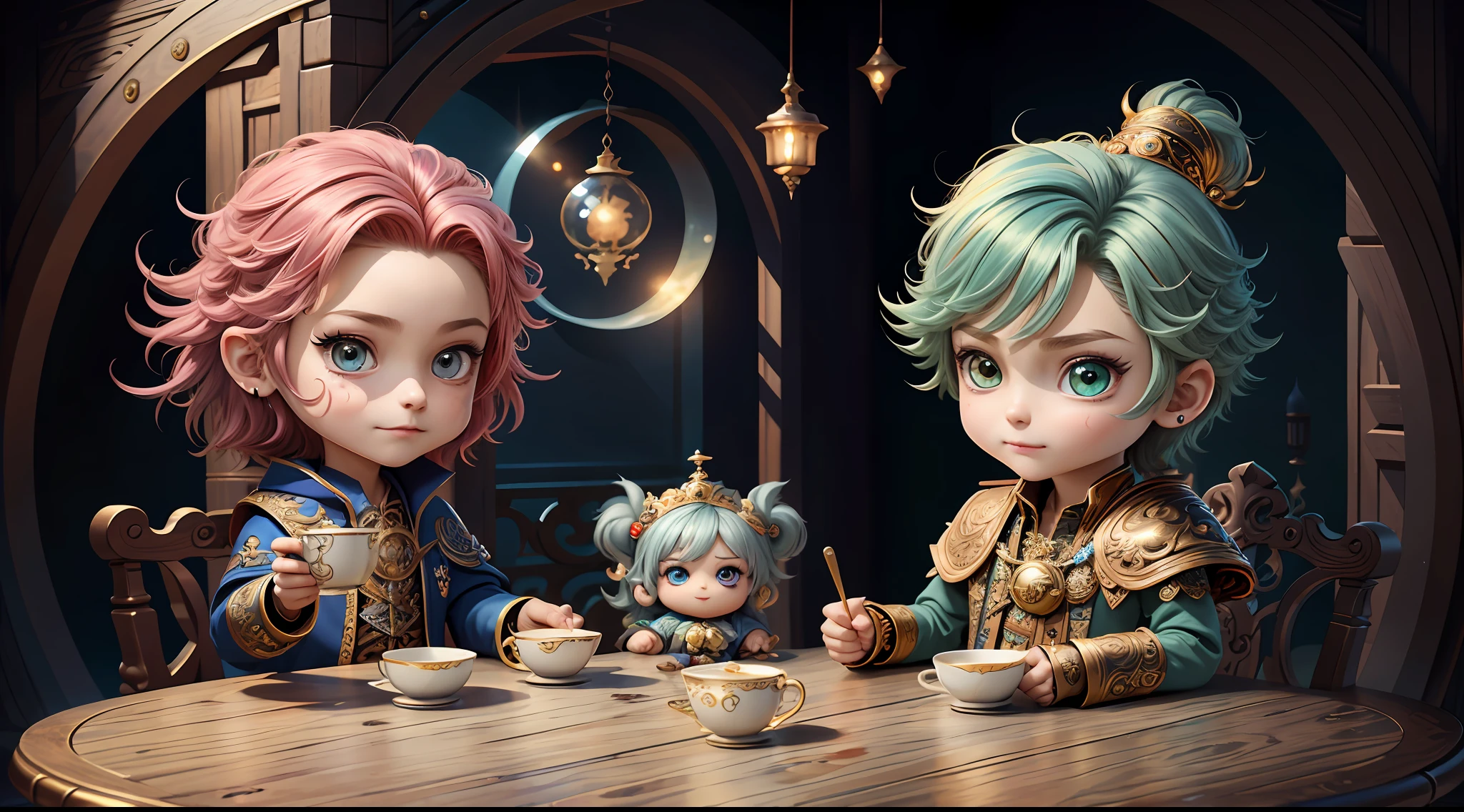 Masterpiece, best quality, wizard tea party, chibi, handsome male witch, beautiful witch, highly detailed realistic eyes, happy, vibrant, colorful,