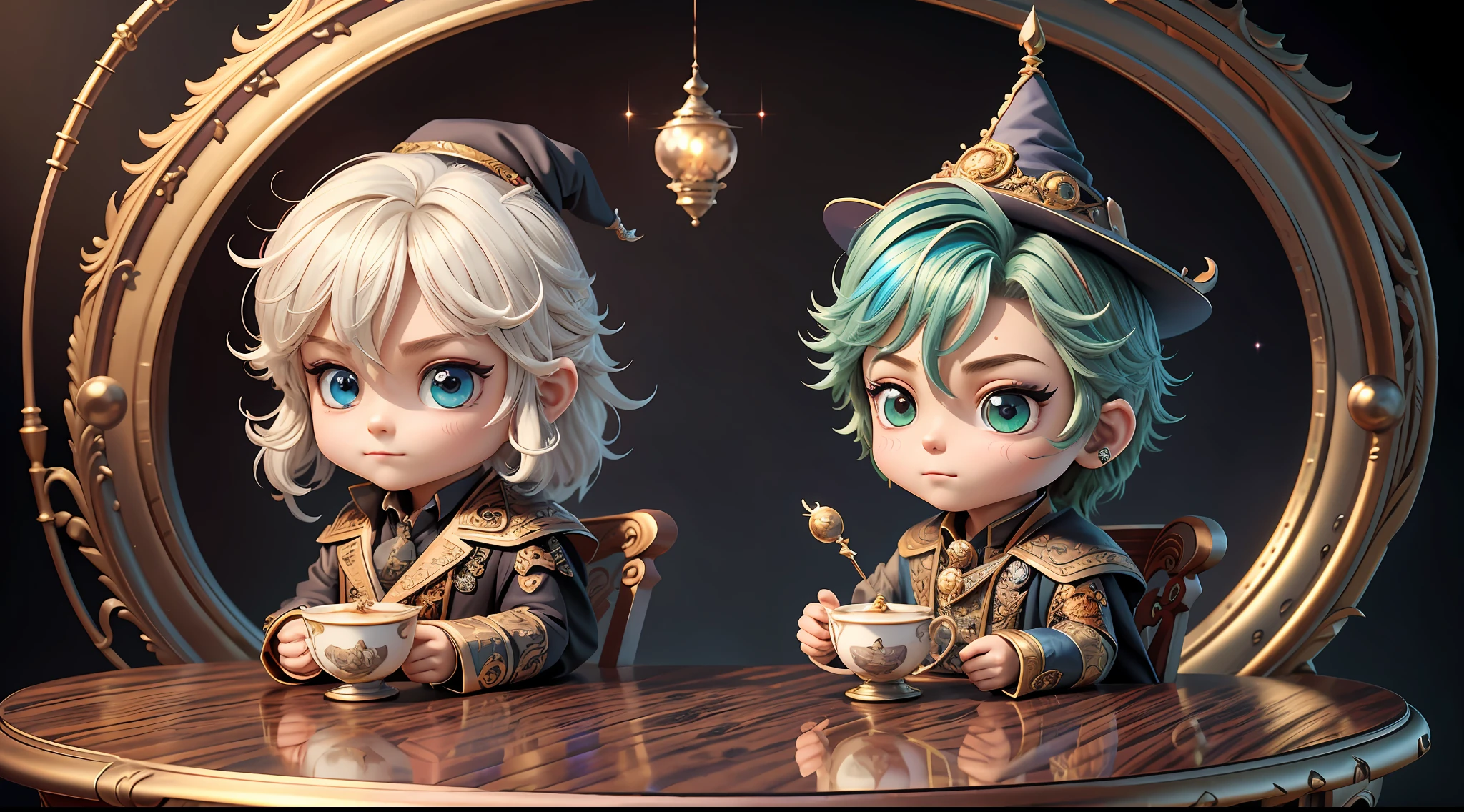 Masterpiece, best quality, wizard tea party, chibi, handsome male witch, beautiful witch, highly detailed realistic eyes, happy, vibrant, colorful,