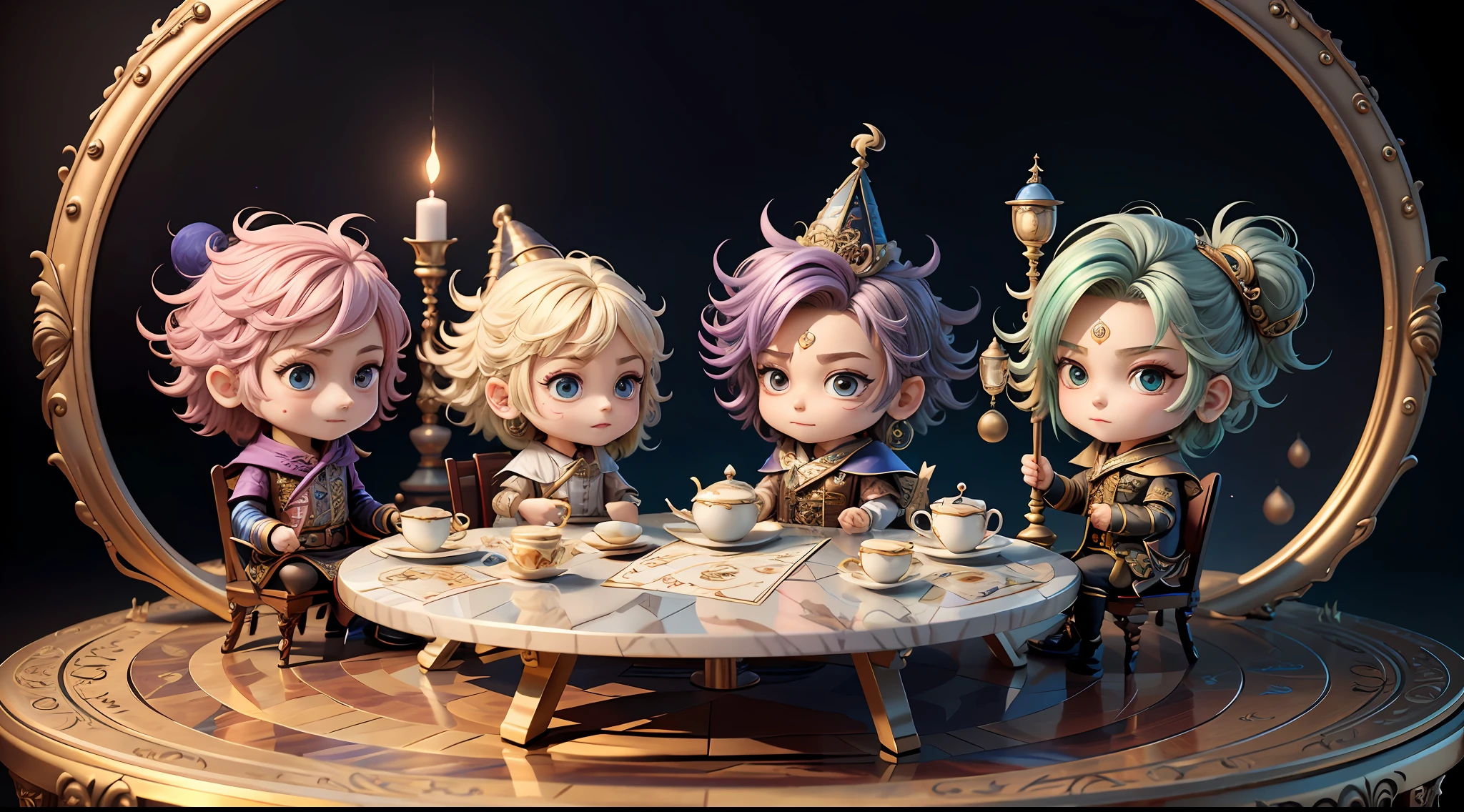 Masterpiece, best quality, wizard tea party, chibi, handsome male witch, beautiful witch, highly detailed realistic eyes, happy, vibrant, colorful,