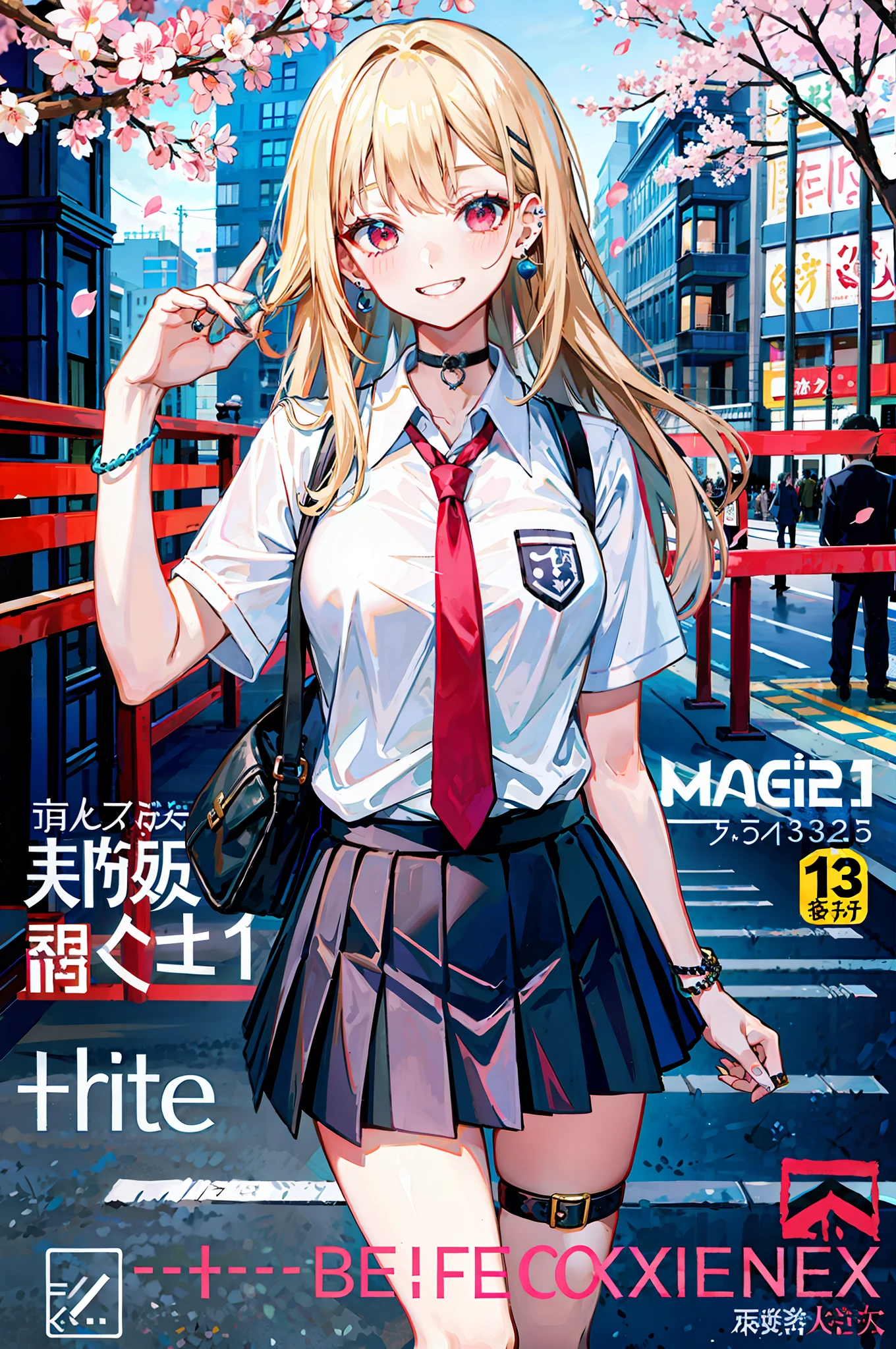 Masterpiece, Superb Piece, Full Body, 1Girl, Bangs, Black Choker, Black Tie, Blonde, Blue Skirt, Stockings, Blush, Bracelet, Beautiful Breast, Choker, Waist Dress, Collarbone, Collared Shirt, Denim Photo, Dress Shirt, Ear Piercings, Eyebrows Visible Through Hair, Gradient Hair, Grin, Gyaru, Jewelry, Kogal, Long Hair, Look at the Audience, Loose Tie, Tie, Piercing, Plaid Skirt, Plaid Skirt, Pleated Skirt, Red Eyes, Ring, School Uniform, Shirt, Skirt, (( stockings)), smile, solo, white shirt, street, sky, cherry blossoms, petals, illustration, (Chinese magazine: 1.3), (cover style: 1.3), fashion, woman, vibrant, dress, pose, front, colorful, dynamic, background, element, confidence, expression, hold, statement, attachment, majestic, coiled, around, touch, scene, text, cover, bold, eye-catching, title, fashion, font, catchy, title, bigger, eye-catching, modern, stylish, focused, stylish,