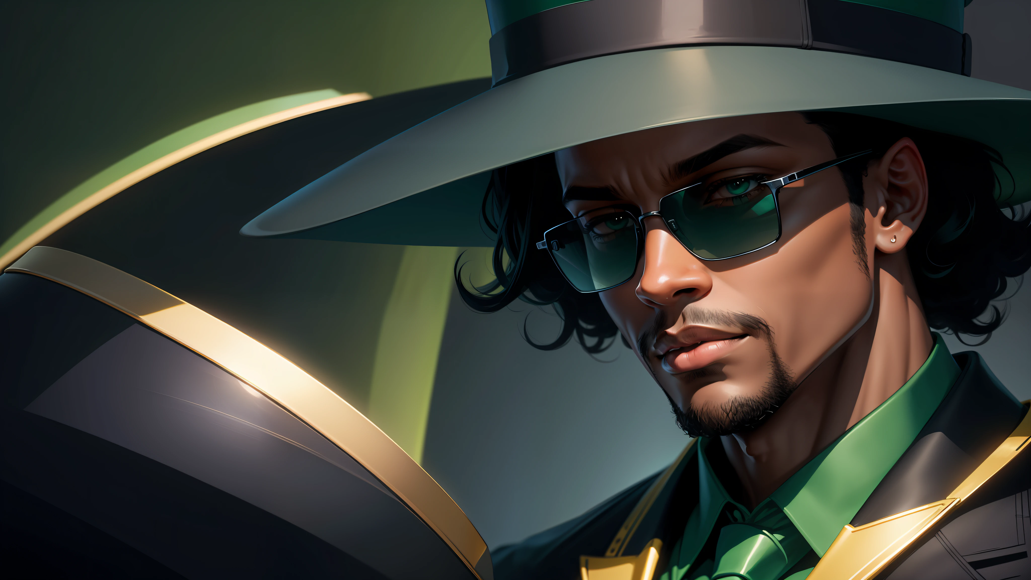 digital illustration, (close-up, character on the right), an elegant black man with hat and sunglasses, in the style of jazz, looking at the camera and forward, dramatic lighting, abstract flat background in green and dark blue, no text, (dark blue and green colors)