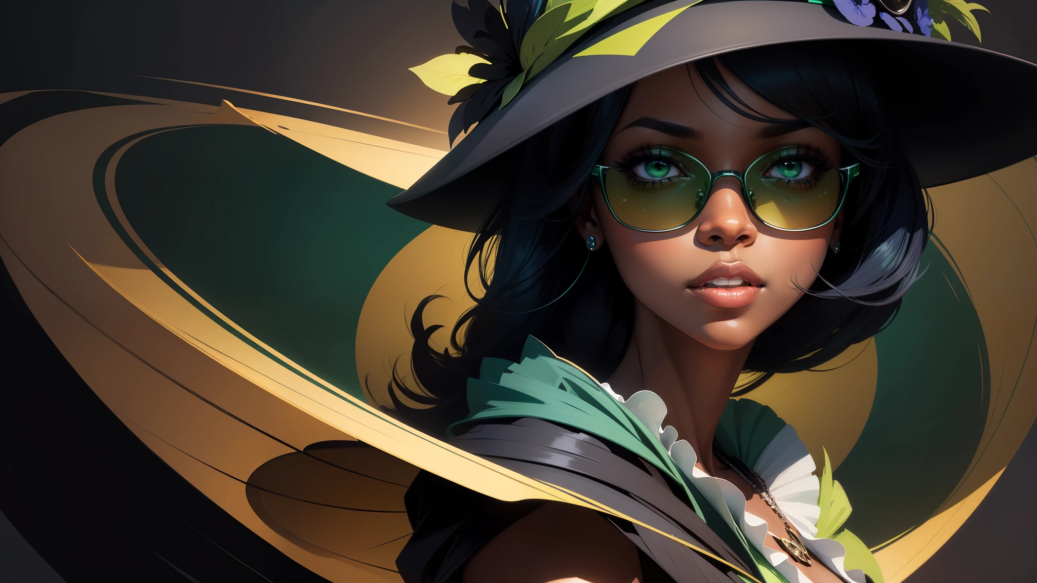 digital illustration, (close-up, character on the right), a single elegant black woman, with dress, hat and sunglasses, in the style of jazz, looking at the camera and forward, dramatic lighting, abstract flat background in green and dark blue, no text, (dark blue and green colors)