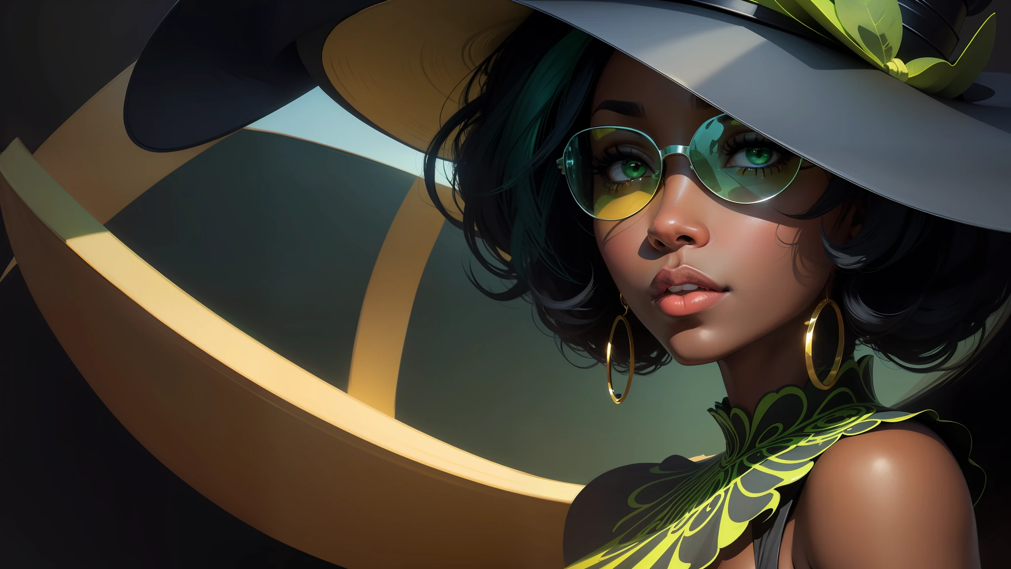 digital illustration, (close-up, character on the right), a single elegant black woman, with dress, hat and sunglasses, in the style of jazz, looking at the camera and forward, dramatic lighting, abstract flat background in green and dark blue, no text, (dark blue and green colors)