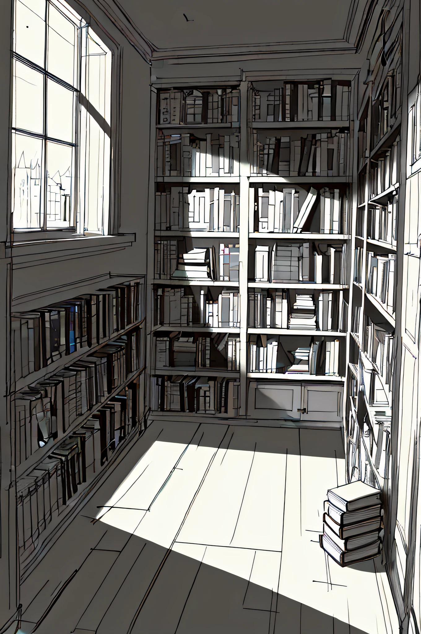 masterpiece, highest quality, bookcase, room, no person, bookshelves on all sides, books stacked on floor, monocle, line art, sketch No windows, books piled on the floor, (((((Sketch))))), dim atmosphere, many books piled on the floor, (line art))))), (no window))))), books on the floor stacked high, many book towers,