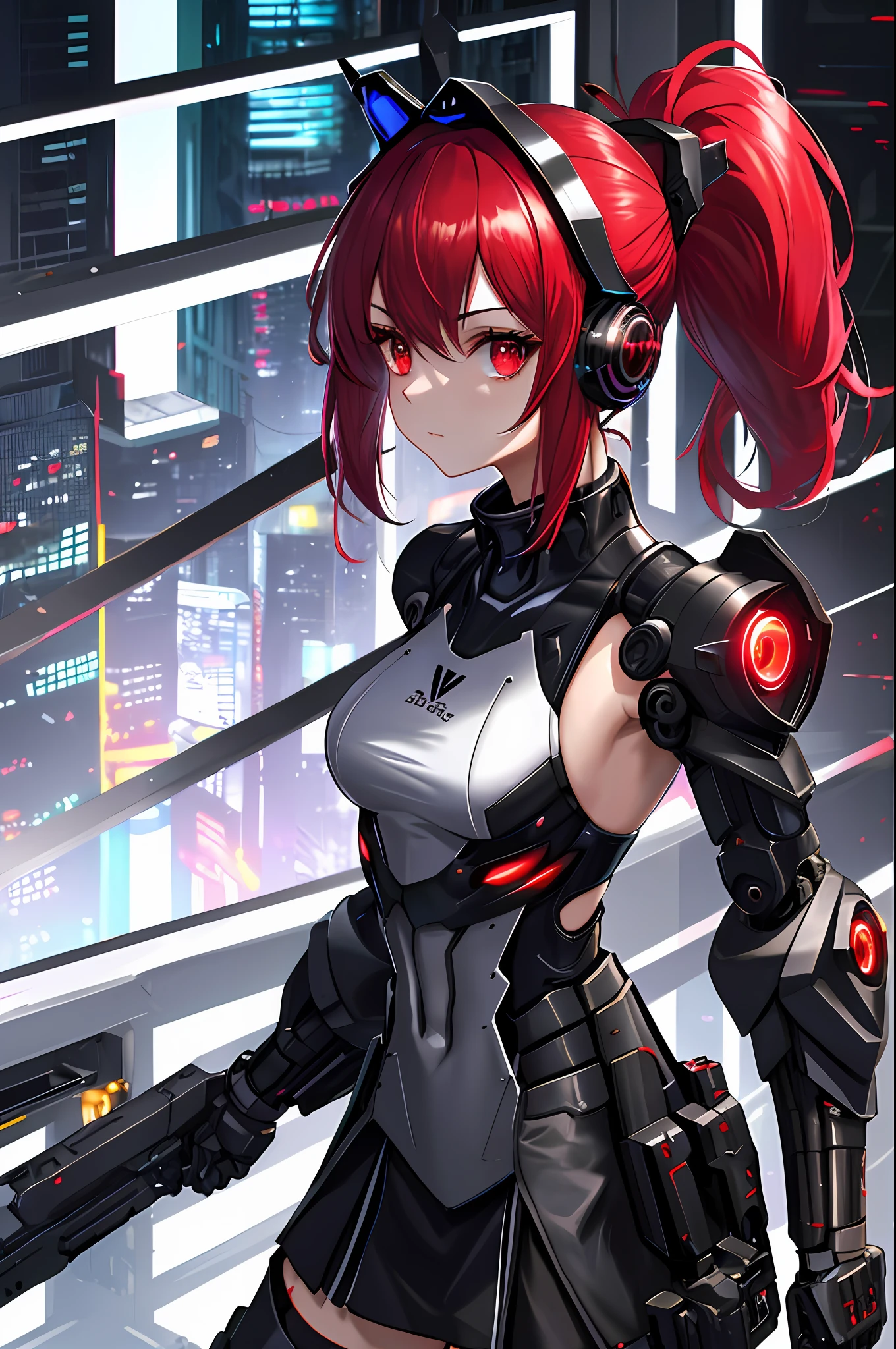 Absurdity, intricate details, highly detailed 8K wallpaper, (Transcendent Beautiful Girl: 1.5), BREAK, scarlet hair, ponytail, (turn around), (beautiful bare back), (beautiful bare back), (beautiful bare shoulders), (exoskeleton backless leotard), (red eye: 1.1), BREAK, (mechanical joints, mechanical limbs: 1.4), perfect five fingers, headgear, covered up to the ears, (black miniskirt), Cyberpunk, dynamic angles, neon glowing cities,