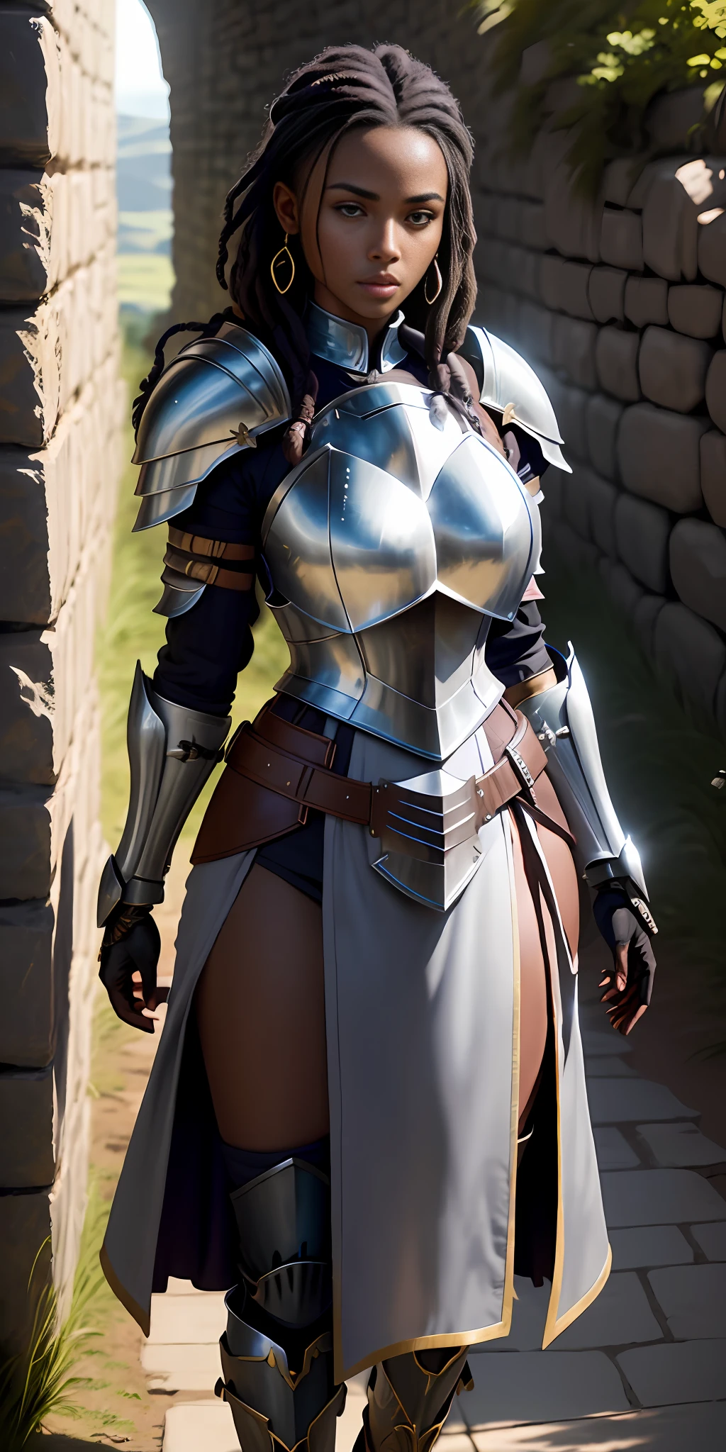 ((realistic image of beautiful young African warrior)), slight smile, ((standing in front of a stone wall)), wearing rusty Mandalorian armor, short dreadlock hair, leather boots, dark background lighting, close-up, detailed facial details, perfect face, sharpness, trend art, sharp facial details, ultra high quality, line art, high fantasy, exquisite, 4k, soft lighting 8k,  Dreamer --ISO 100, anime, line art (extremely detailed 8k wallpaper), image a noble lady, the lord of the castle wife, wearing a Mandalorian armor, dramatic lighting and shadows, 8k resolution, intricate, high detail, dramatic, knight, female solo, hands resting on the sword, whole body, serene look, gauntlets, gloves, breastplate, shoulder armor, black gloves,  serene face, armored vest, sword sheathed at waist, thick waist, huge breasts