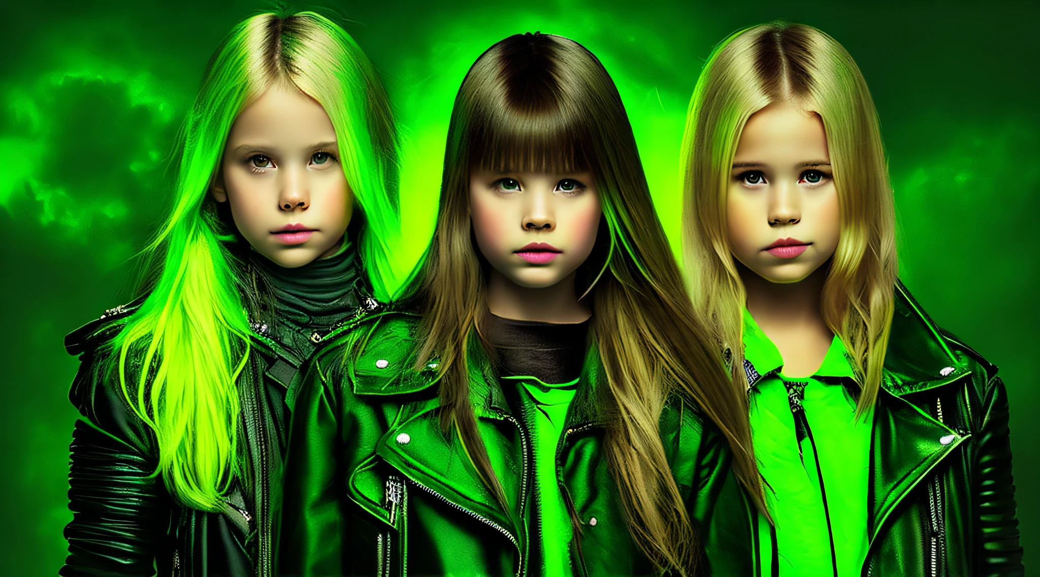 3 girls children with , WITH LONG STRAIGHT HAIR blonde, green leather jacket and black clothes, PORTRAT STYLE, a green glow, detalized background of green glow, green glow, green ambient light, bright green, radioactive glow green, neon green, sickly green colors.