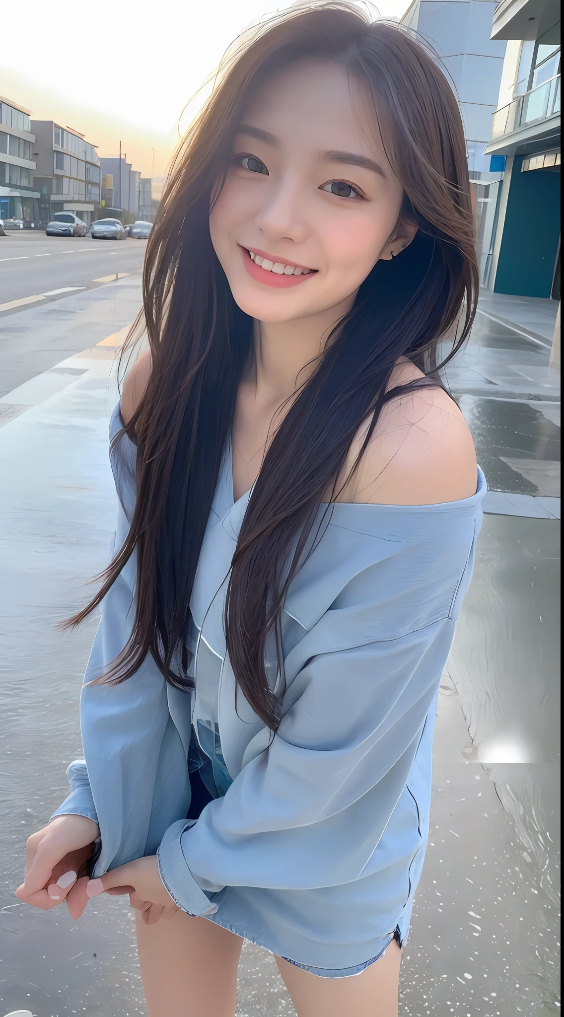 ((Best Quality, 8k, Masterpiece: 1.3)), Focus: 1.2, Perfect Body Beauty: 1.4, Buttocks: 1.2, ((Long Hair)), (Wet Clothes: 1.1) , (Rain, Street:1.3), Off-the-Shoulder Miniskirt: 1.1, Highly detailed face and skin texture, Fine eyes, Double eyelids, Whitened skin, Smile, seaside