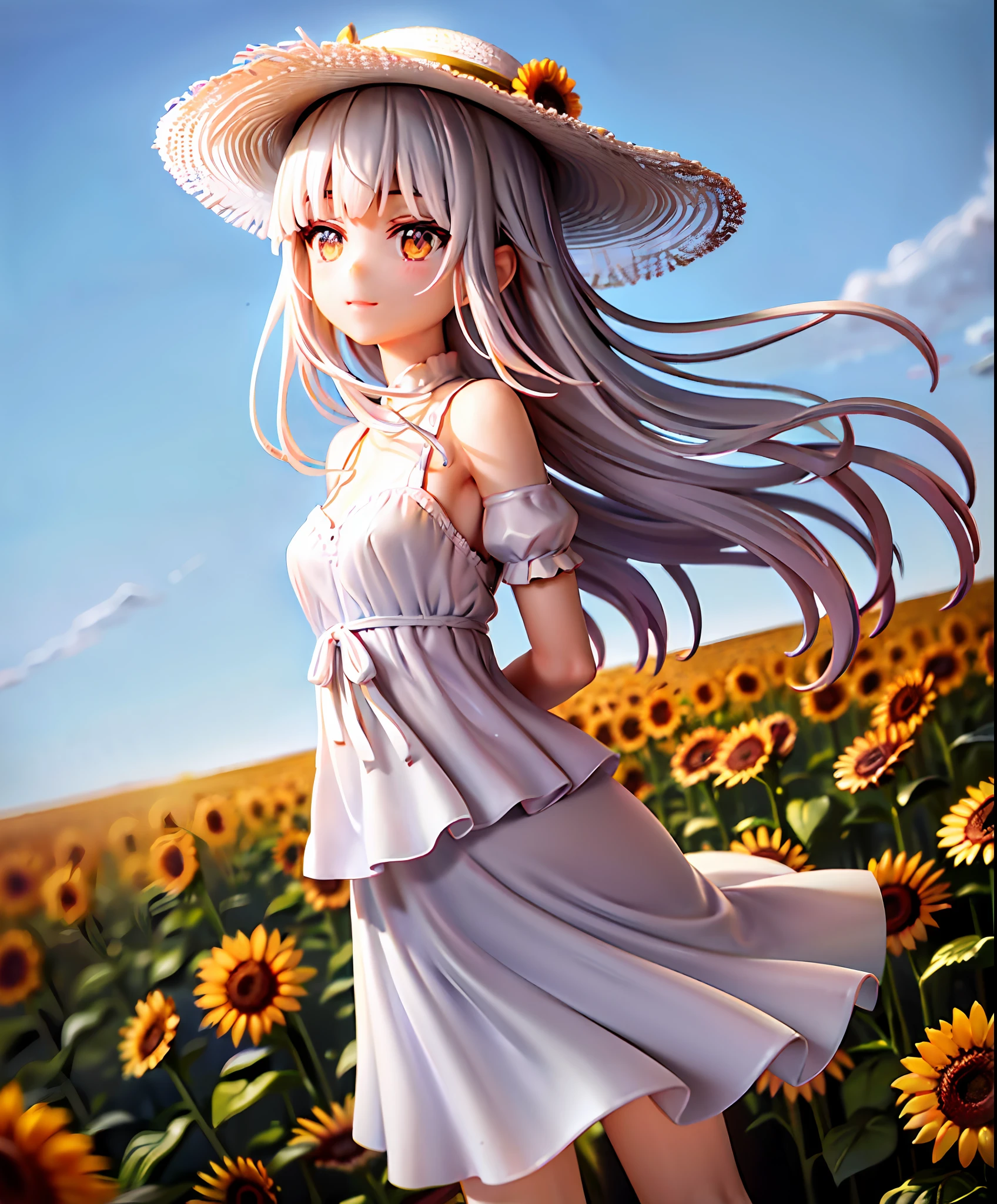 Zhengzhou, 1girl, sunflower, silver eyes, white hair, hands behind back, hands hidden, hands visually invisible, flowers, skirt, solo, smile, bangs, outdoors, field, standing, long hair, straw hat, looking at the audience, white skirt, extra long hair, yellow flowers, sun hat, flower field, depth of field, shut up, short sleeves, blunt bangs, (delicate skin: 1.2), (shiny: 1.3), (oil: 1.4) [wet oil: 0.6], (shiny skin: 1.4), gorgeous, Fantastical, natural, delicate rendering, original, contour deepening, high-key low variance brightness scale, soft light, light and dark interlacing