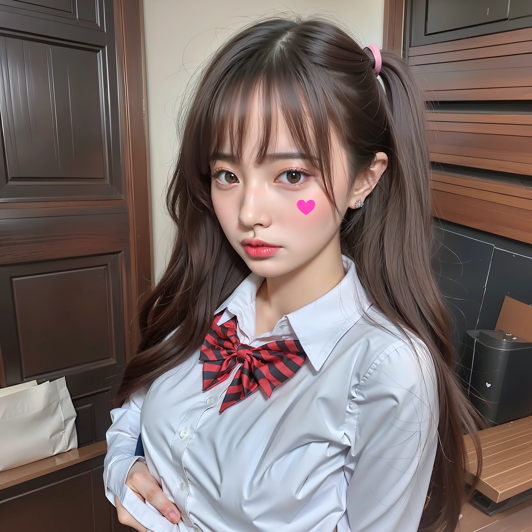 (nsfw:1.05), 1girl, realistic, solo, (masterpiece:1.2), best quality, heartboob, heart-shaped, small breasts, school uniform,